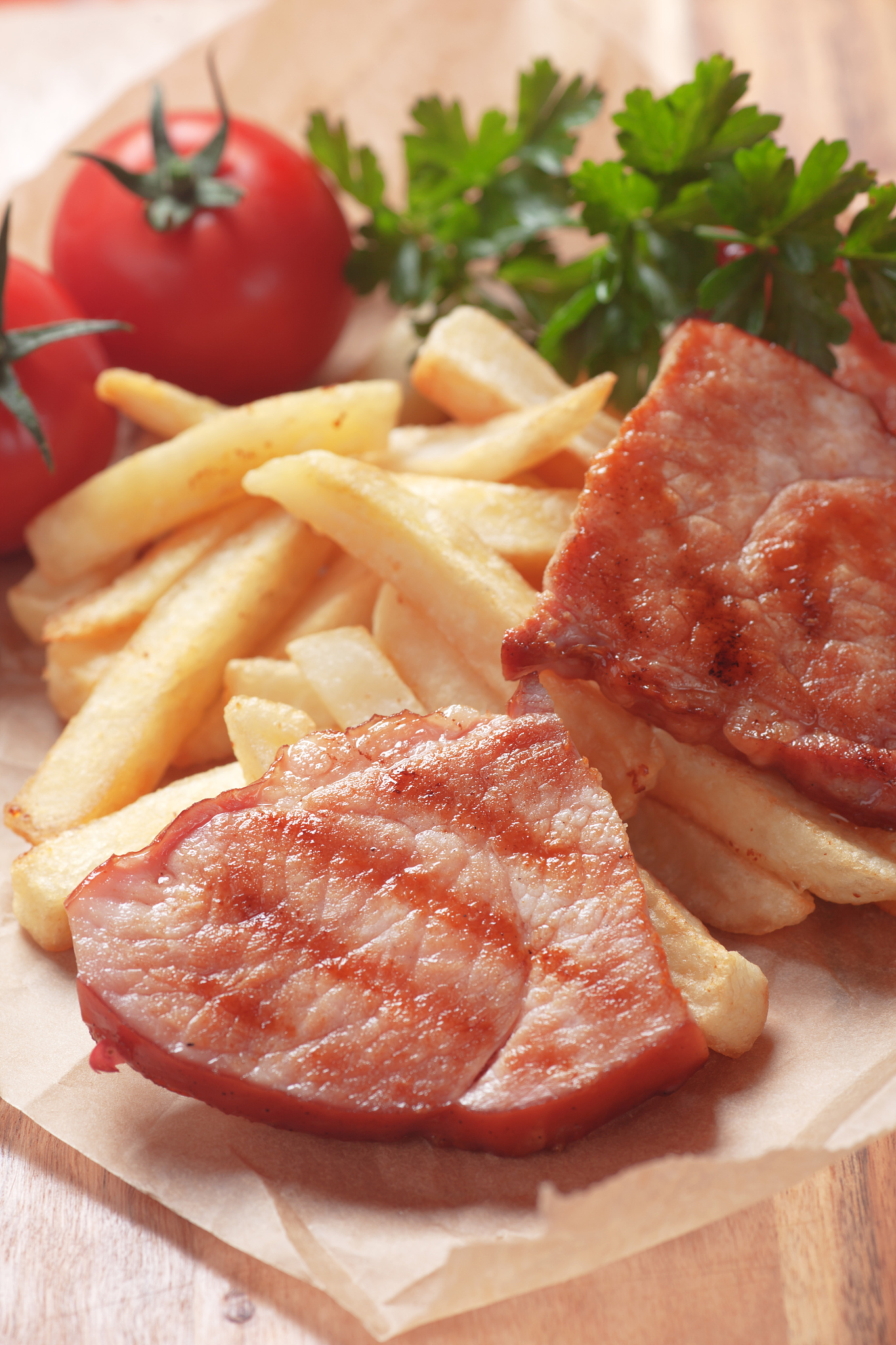 grilled ham slices with french fries