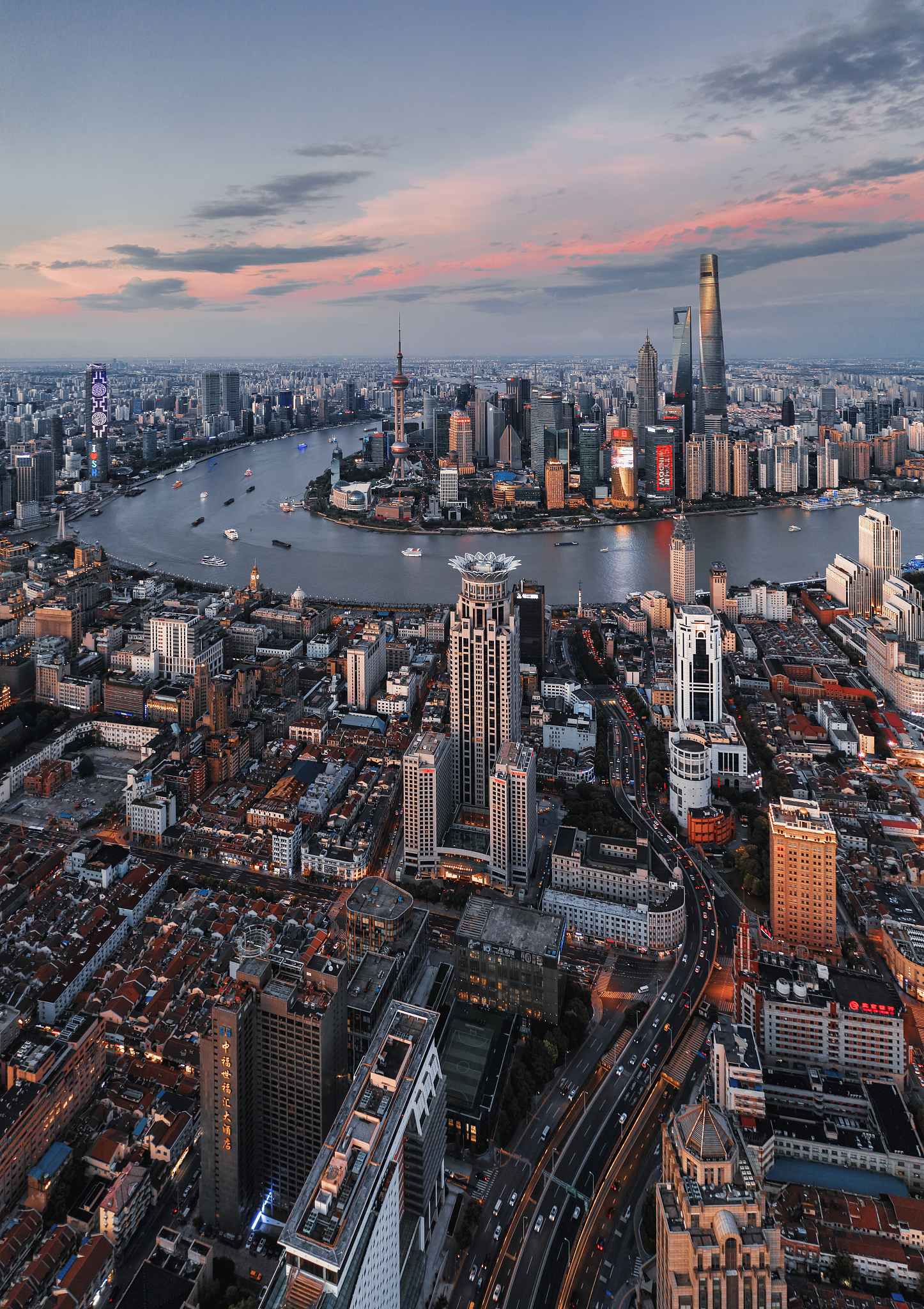 shanghai skyline view at sunset