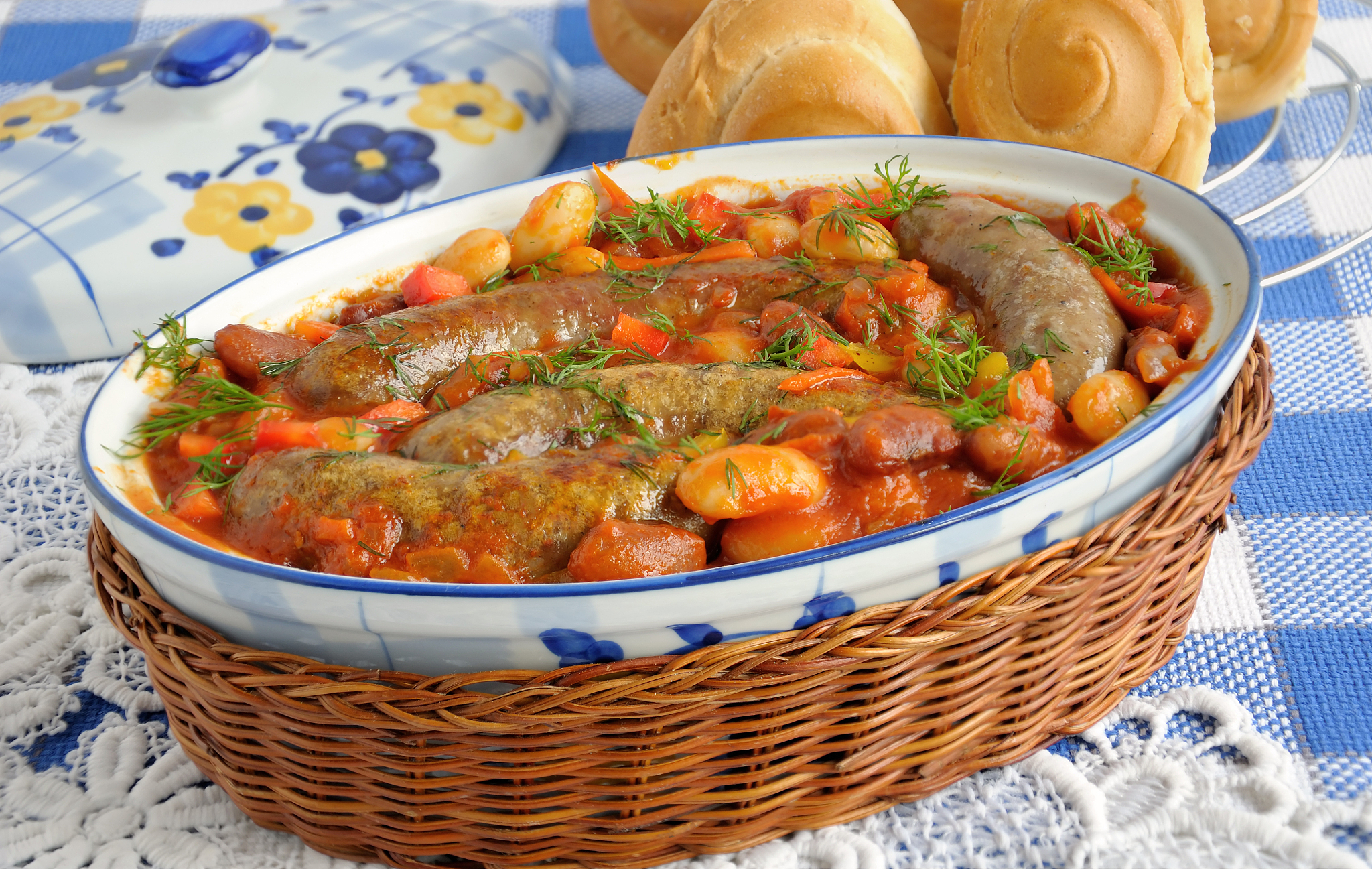 home sausages with beans