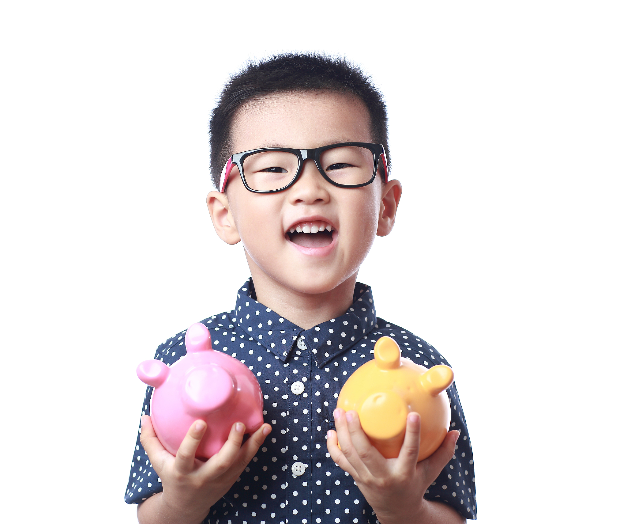 cute children and piggybank
