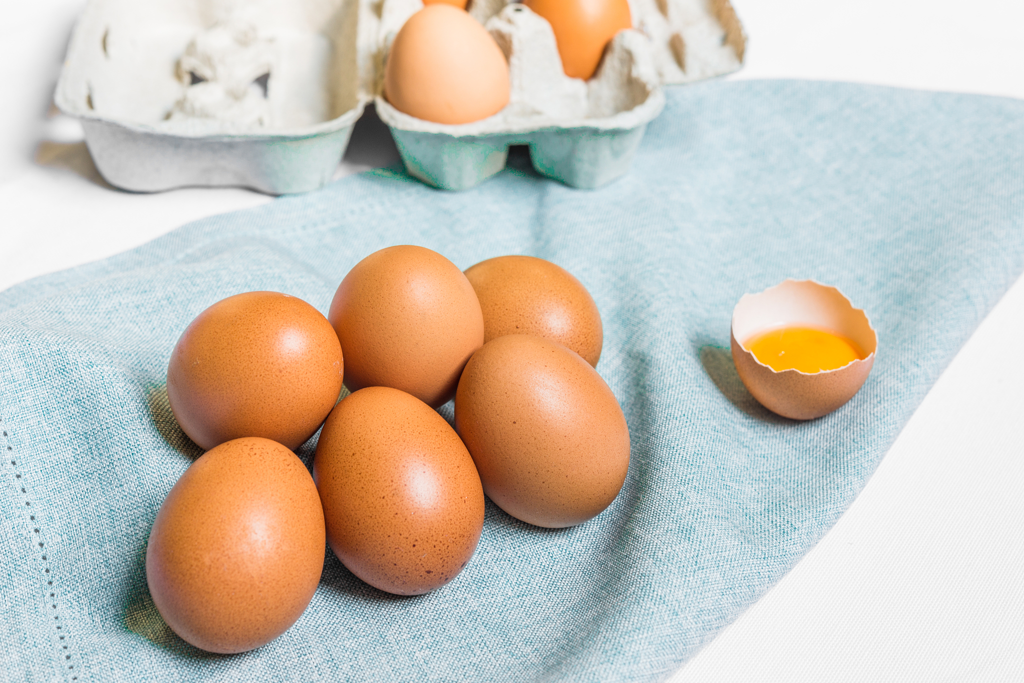 fresh chicken eggs against white and blue background