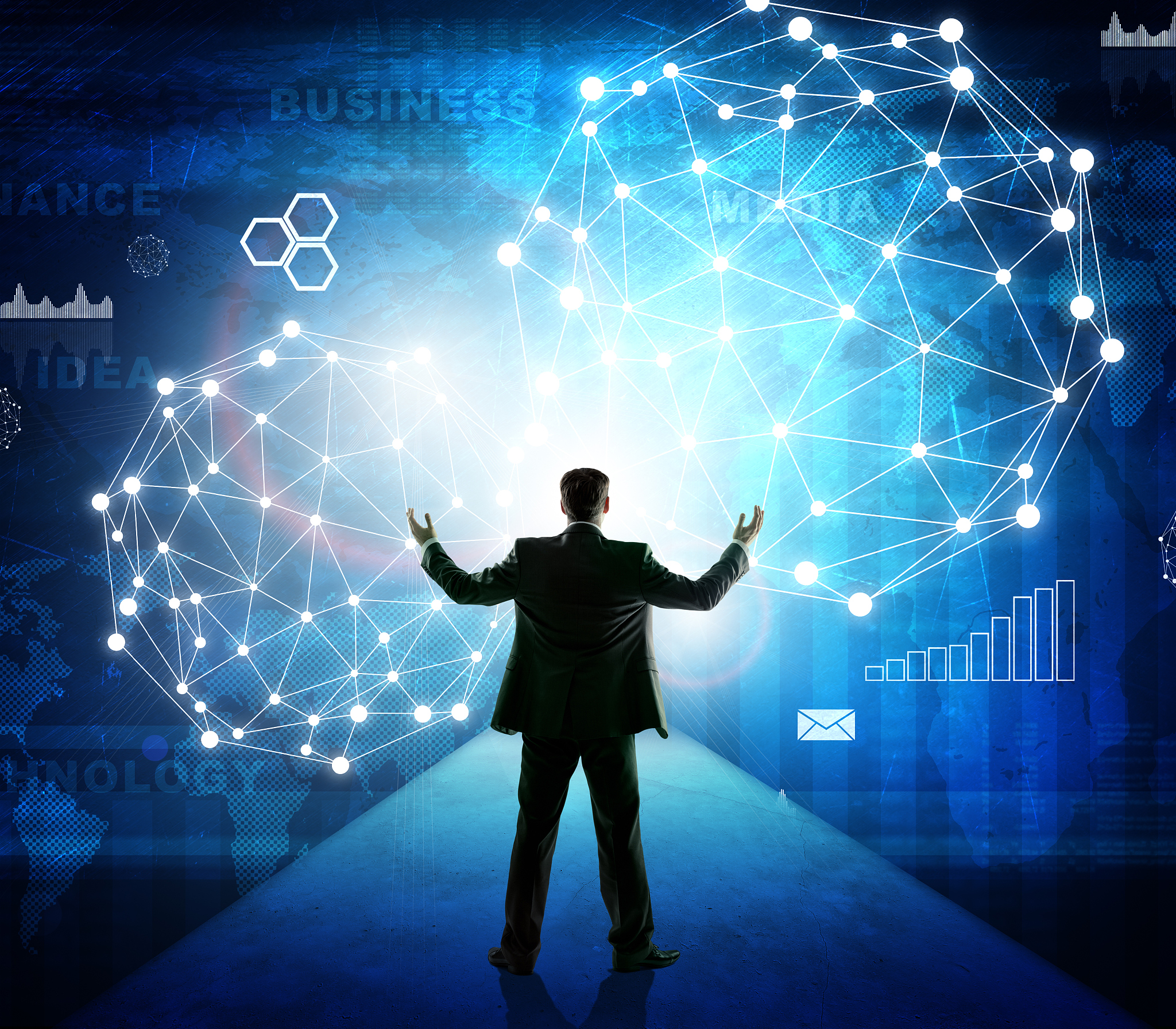 businessman in suit against virtual screen