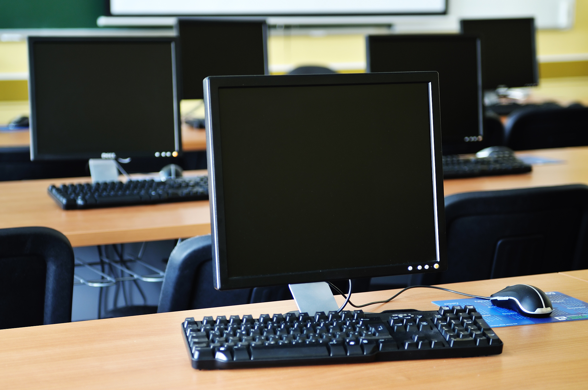 brand new computer with tft monitor in modern classroom at schoo