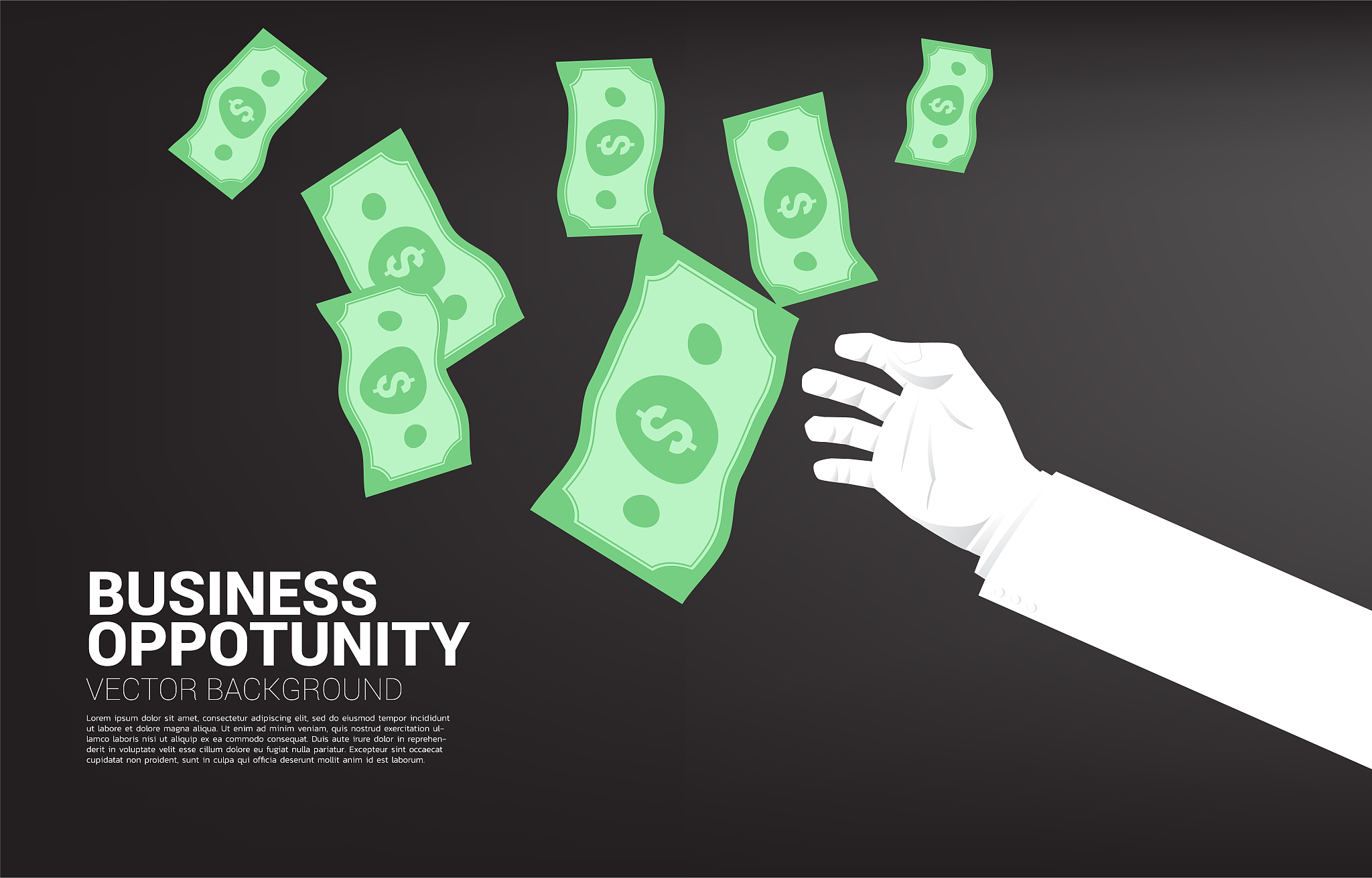 business hand try to grabbing money falling from sky.