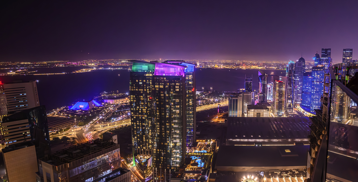 卡塔尔多哈市中心的夜景与摩天大楼