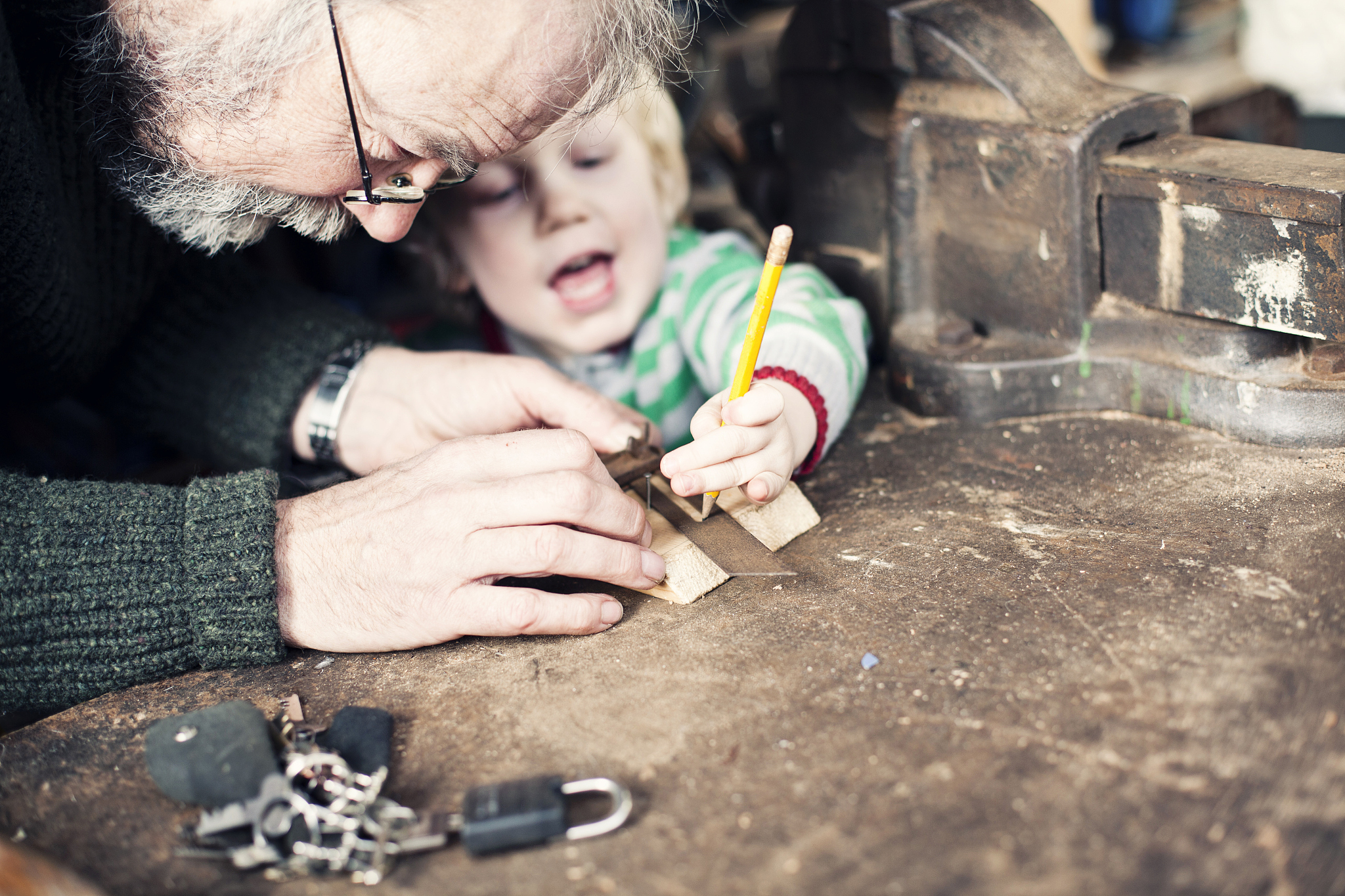 helping grandpa in his shed