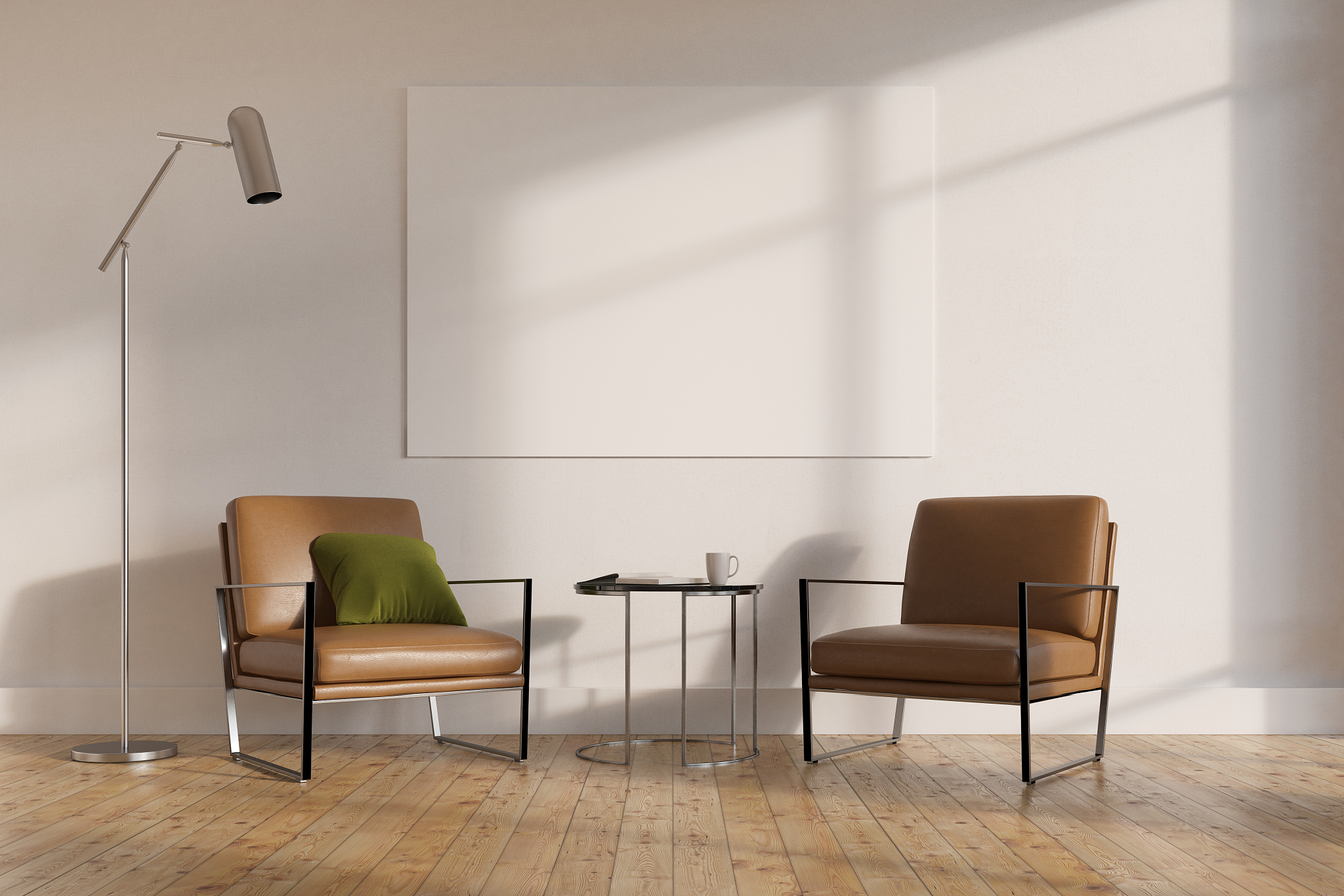 minimalistic living room, beige armchairs