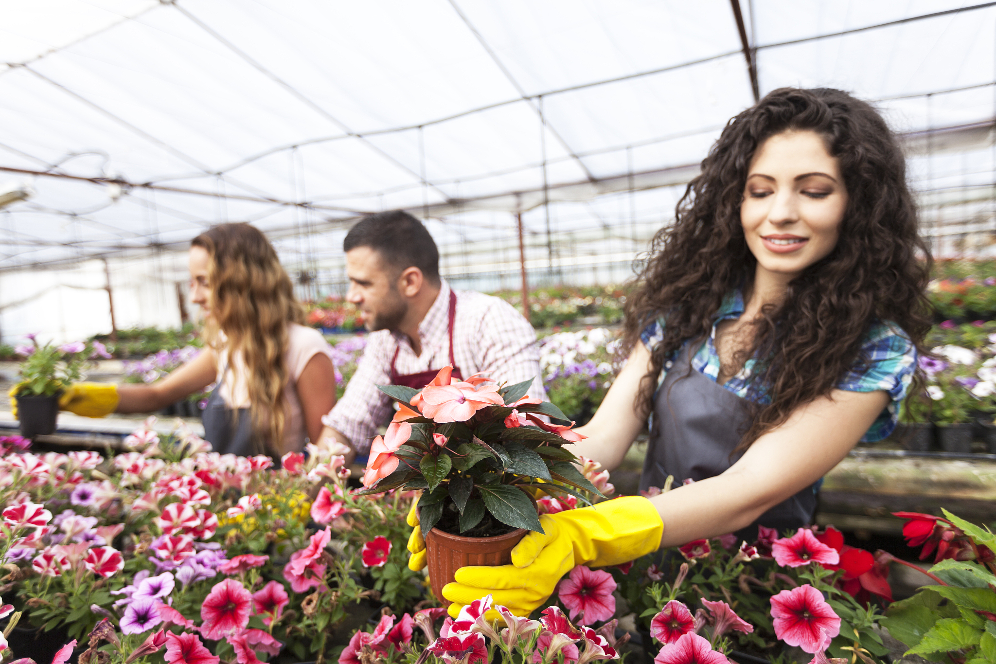 female worker having fun in greenhouse