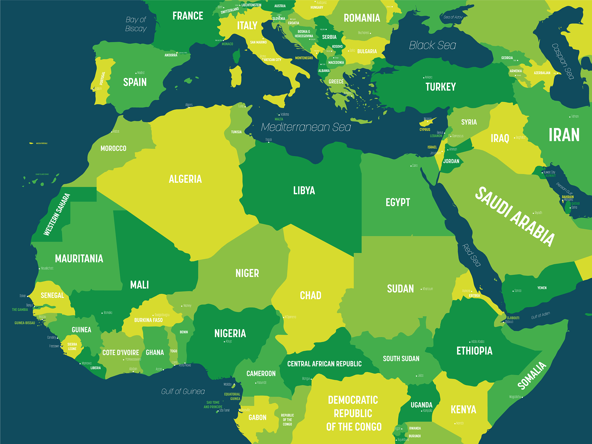 northern africa map - green hue colored on dark