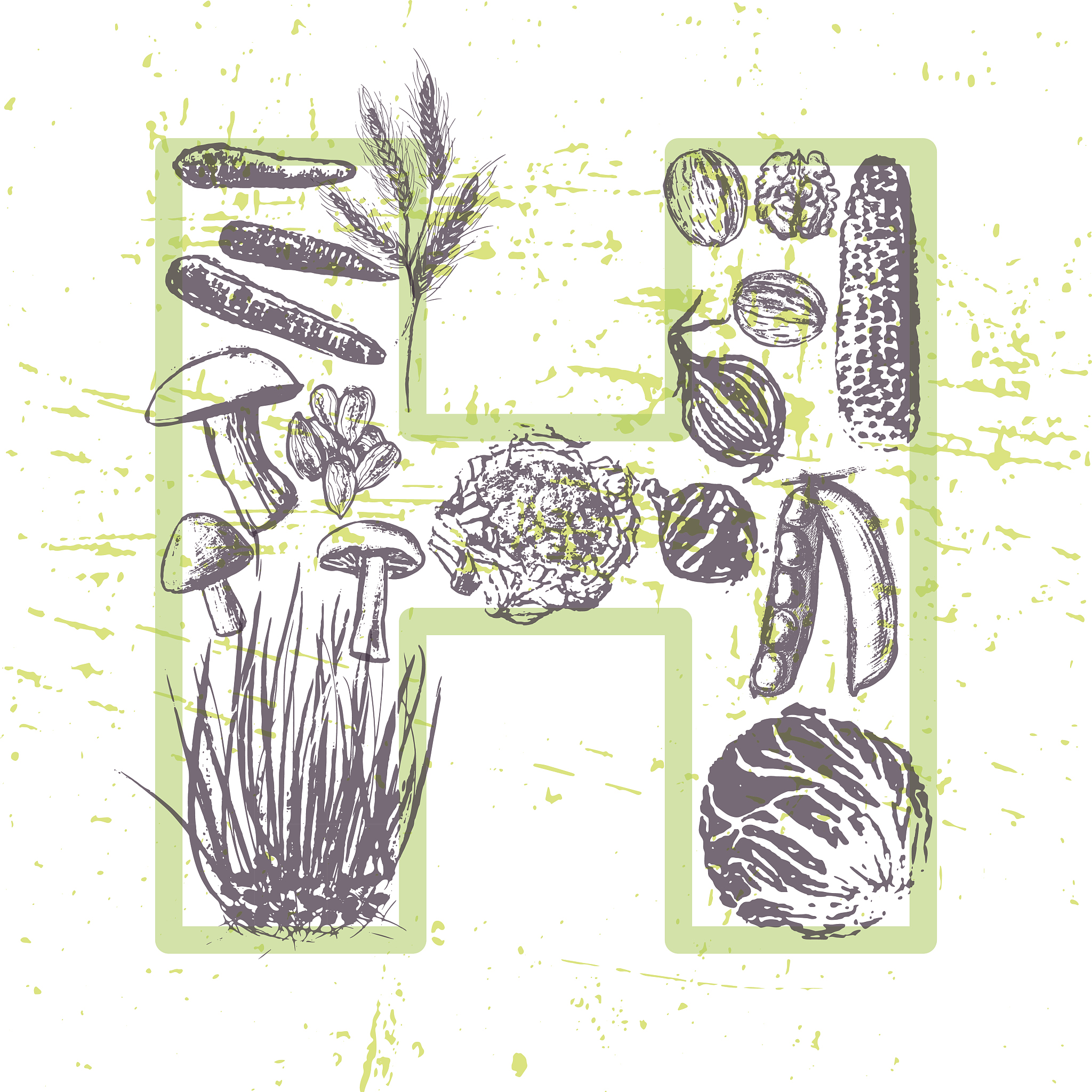 英文字母<strong>h</strong>,墨水,维生素,蔬菜,水果,动物手,花椰菜,字母,胡萝卜,素食