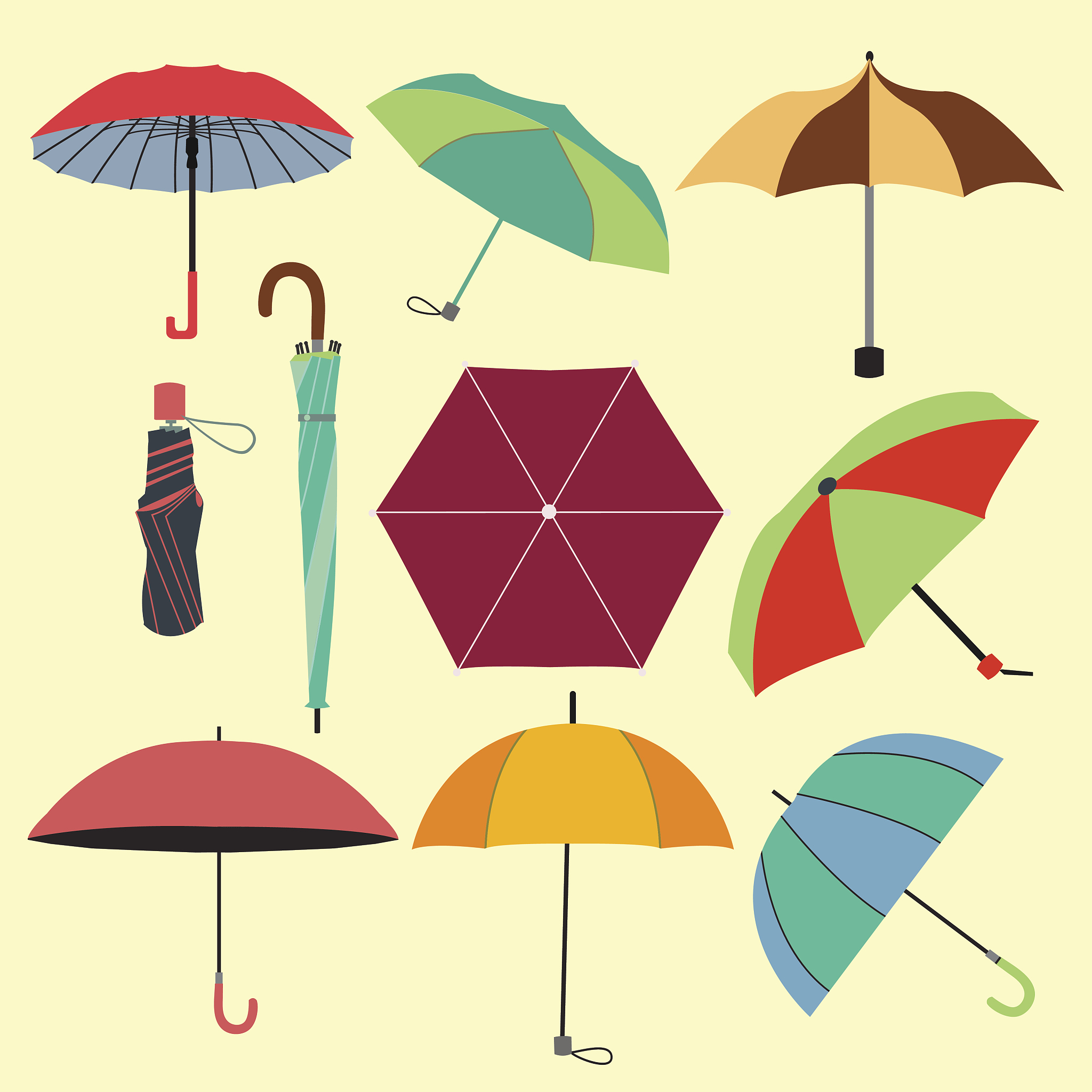 collection of different fashion  umbrellas in flat style-
