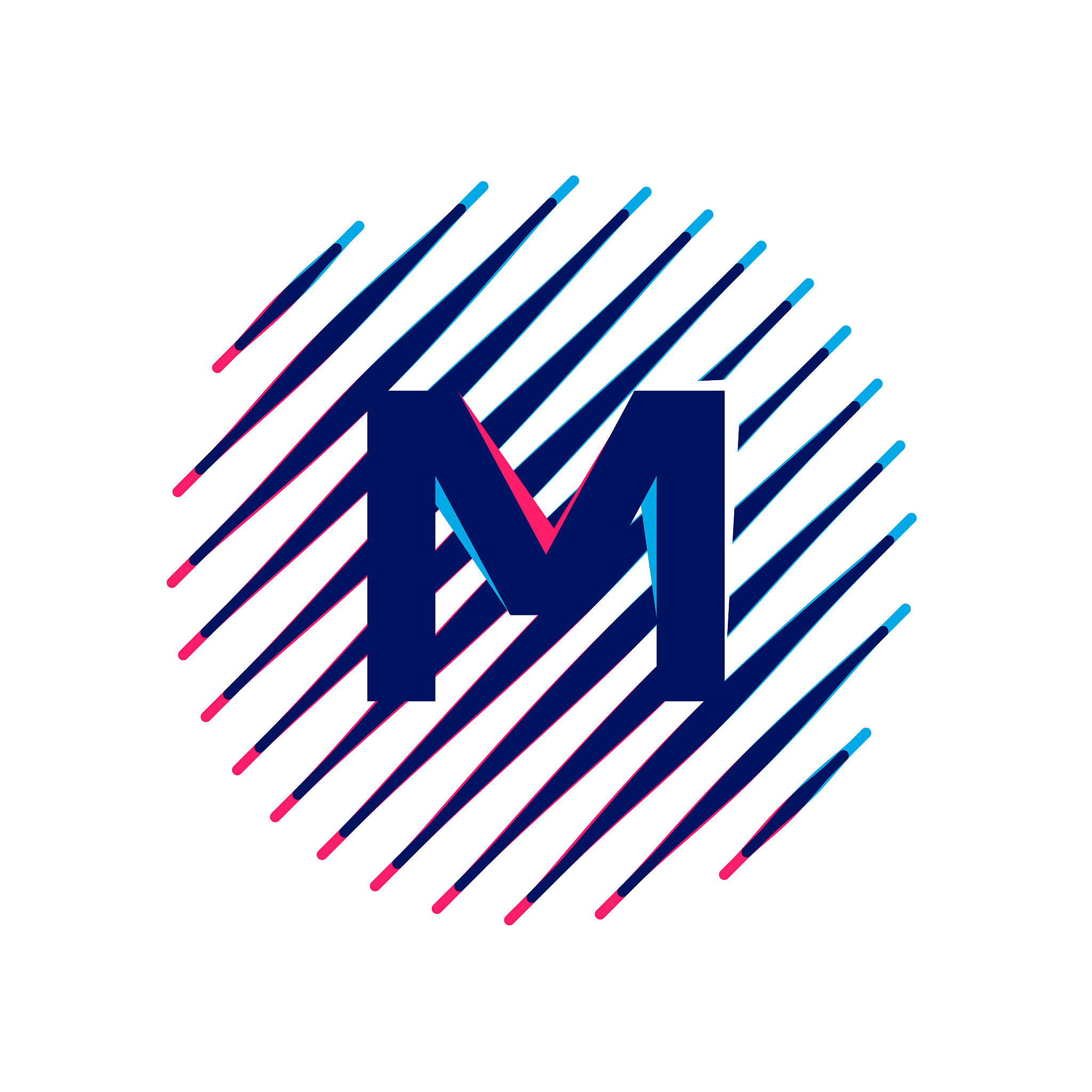 m letter logo on sloping fast speed lines inside a circle.