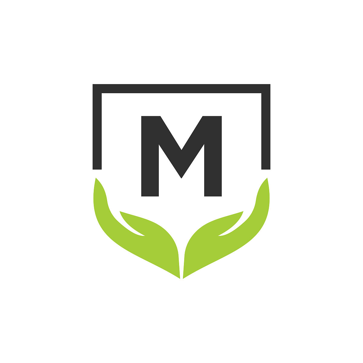 慈善帮助手标志上字母m概念模板.关爱,分享,慈善,医疗卫生,捐赠机构标