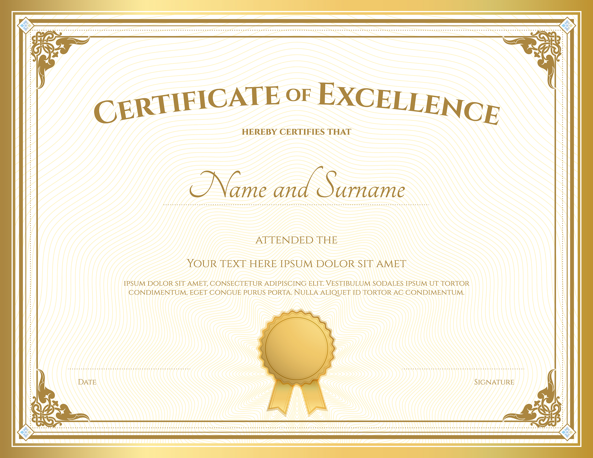 certificate of excellence template gold theme