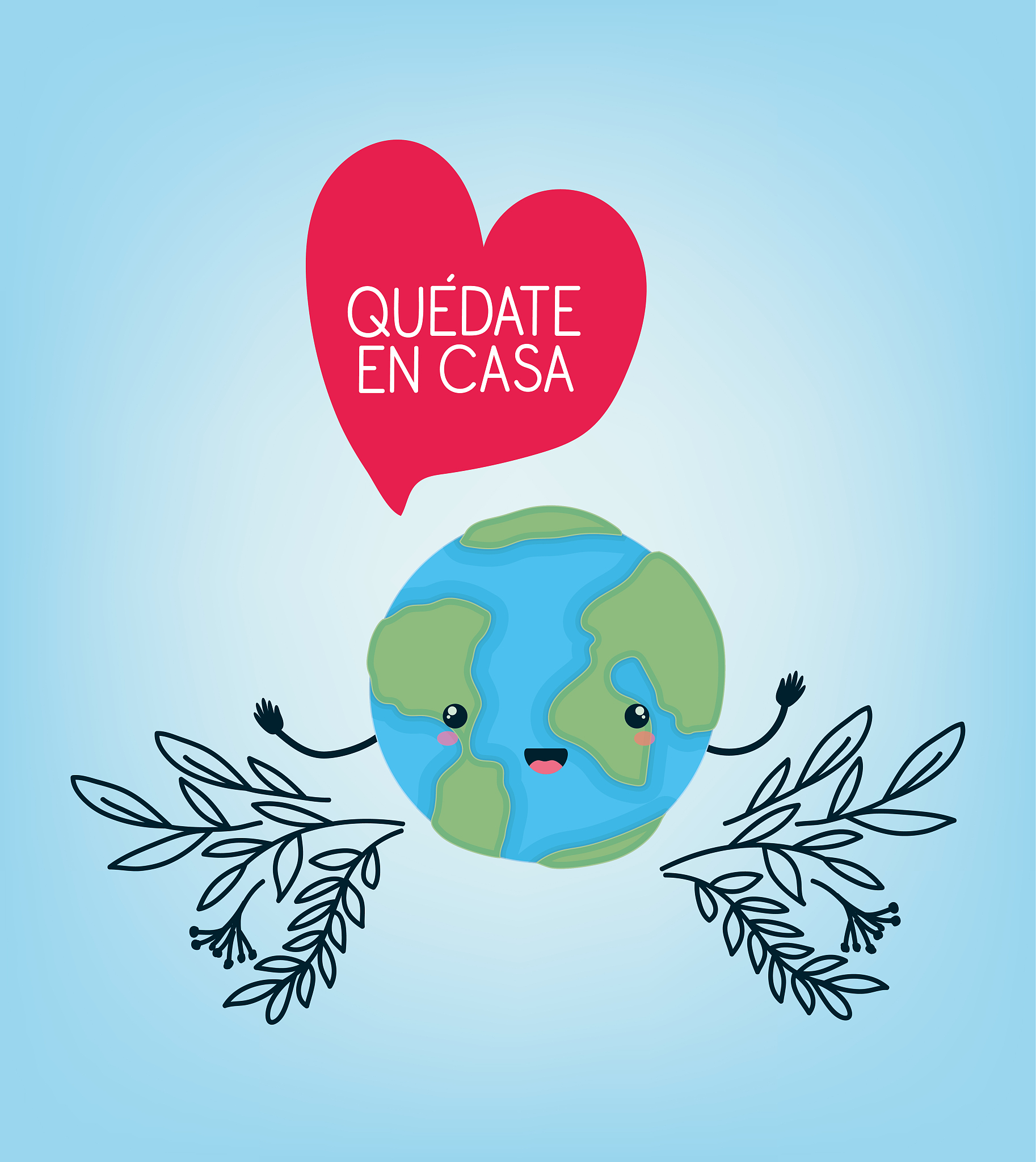 stay at home text with world cartoon heart leaves vector design