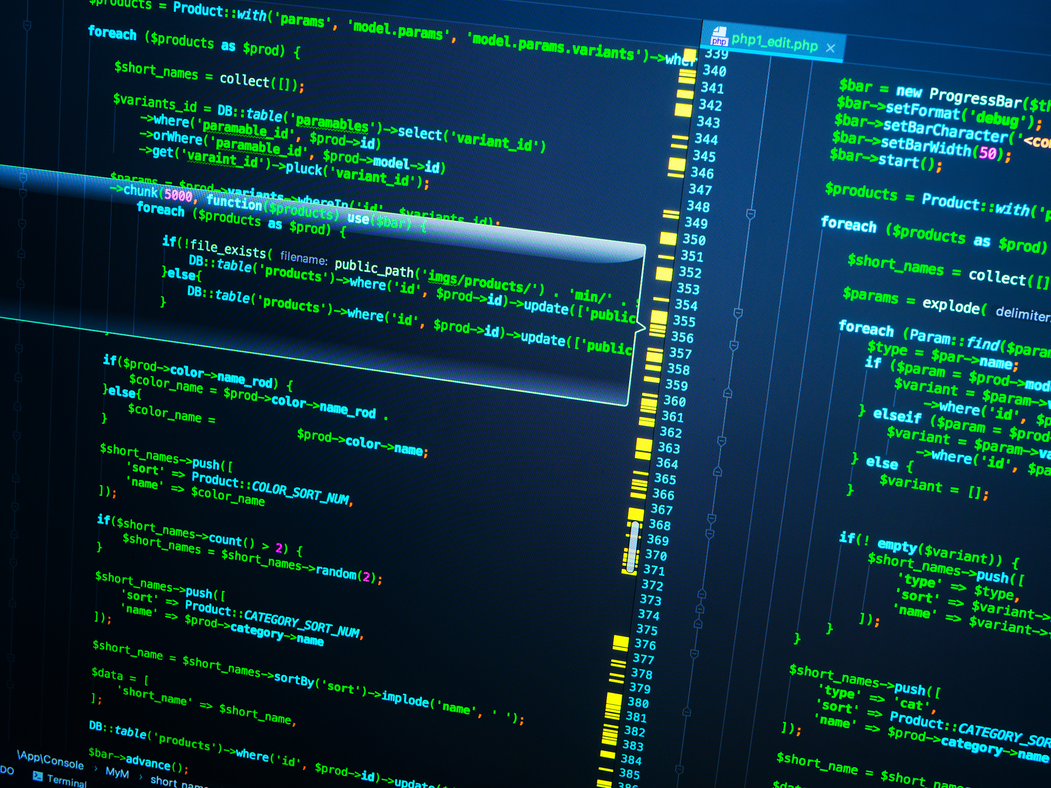green php code on dark blue background in code editor, macro