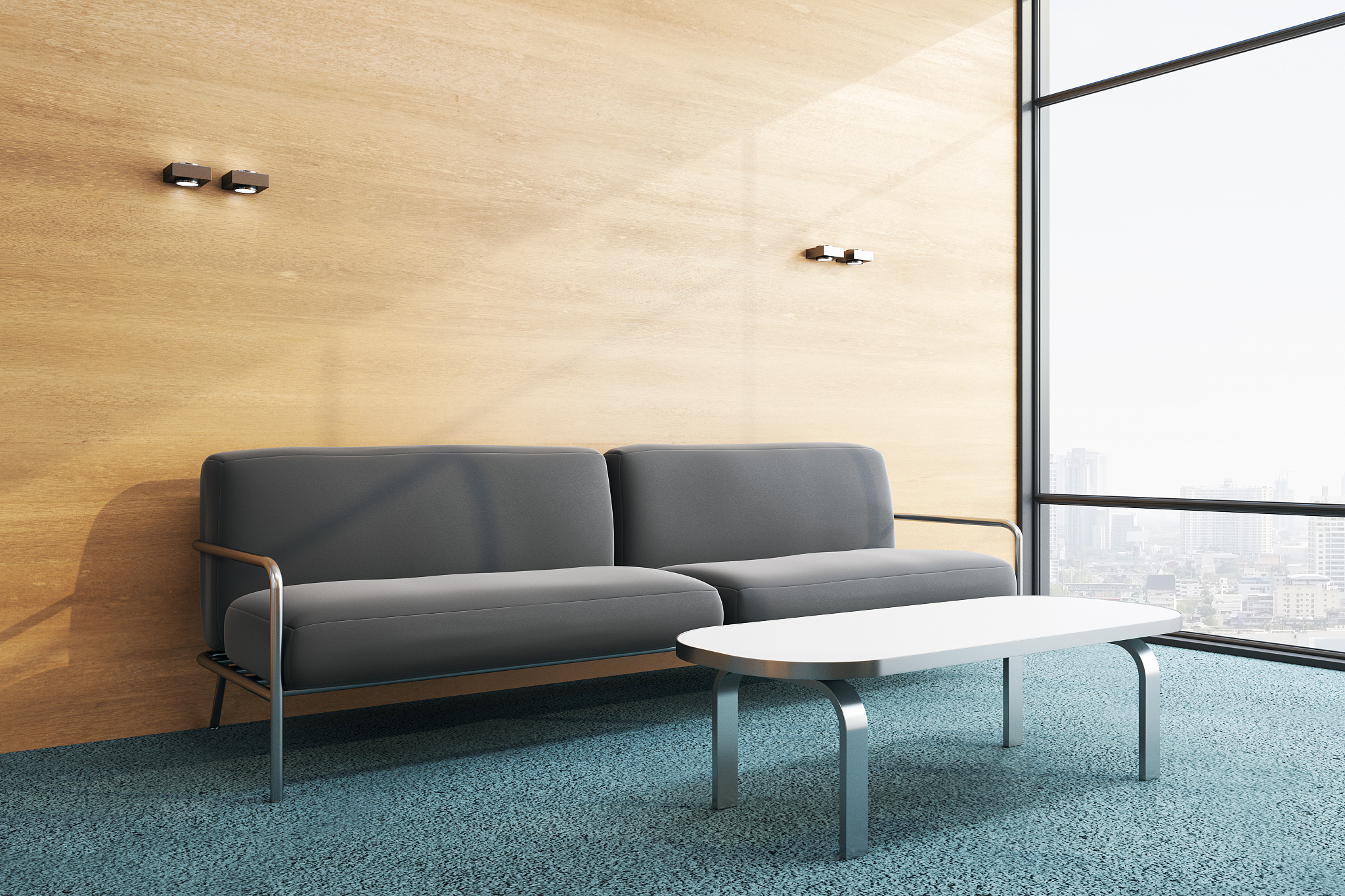 modern waiting room with sofa and city view.