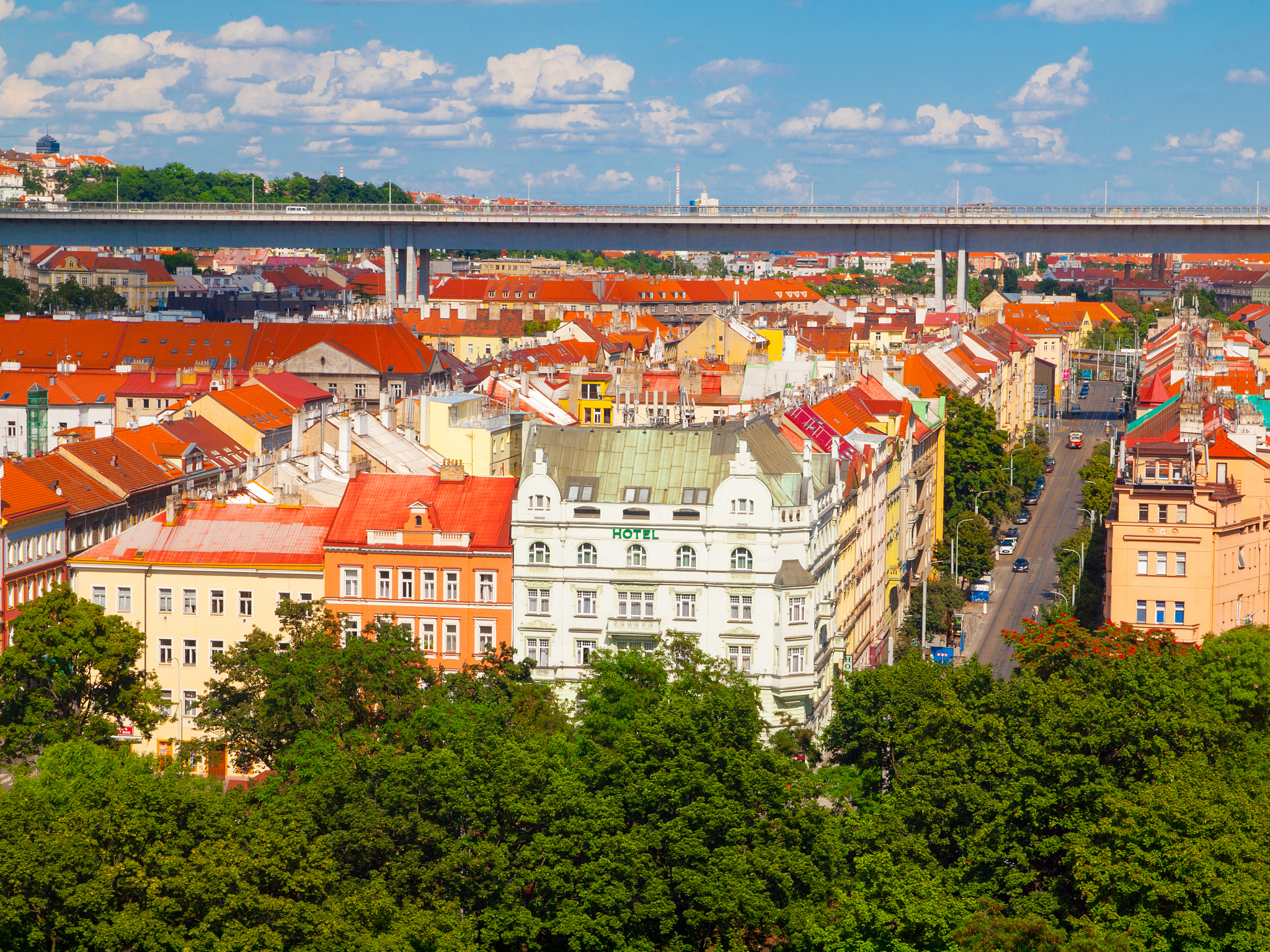 prague cityscape on sunny summer day with nusle valley and nusle