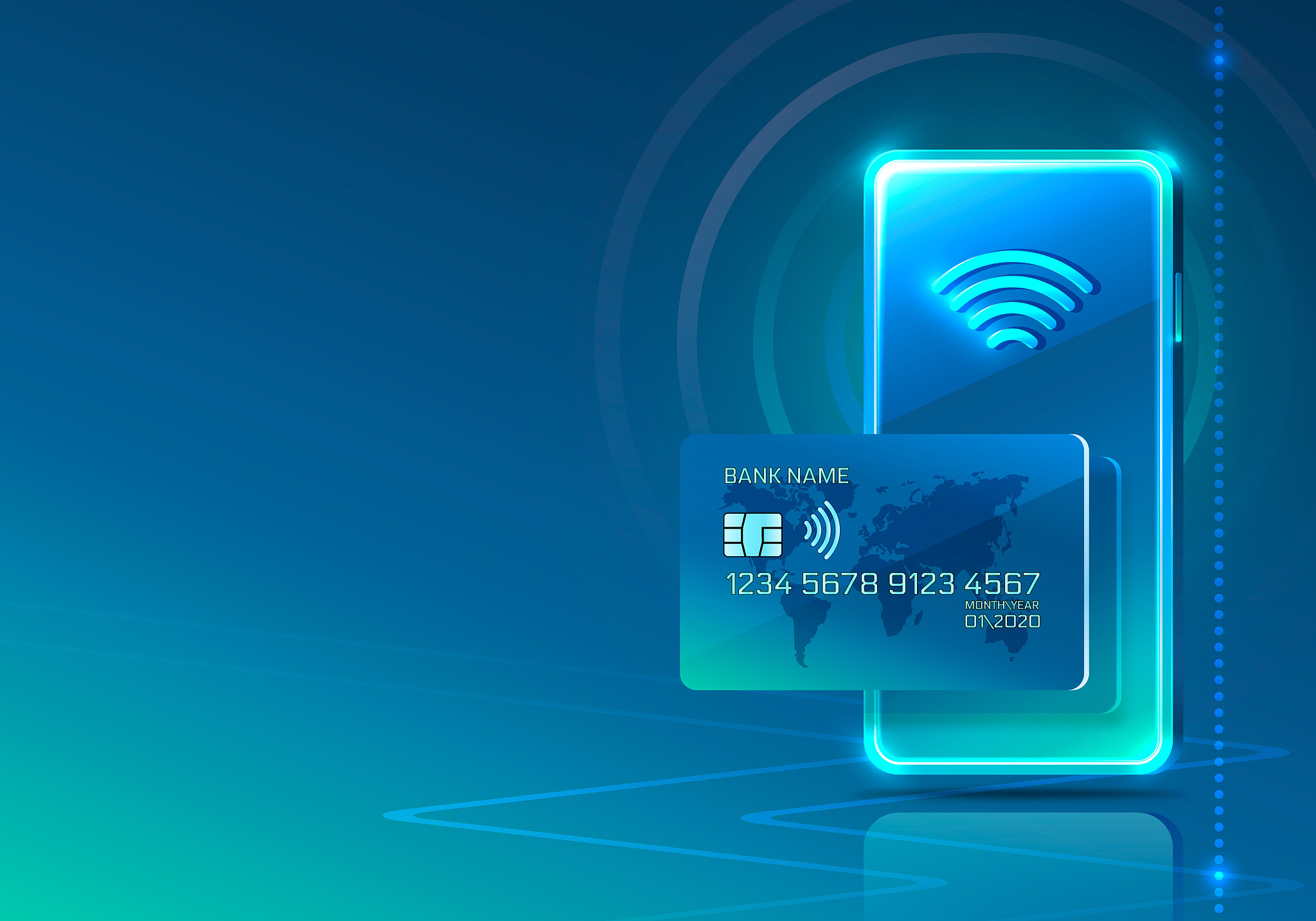 electronic credit card and phone icon, finance technology, blue 
