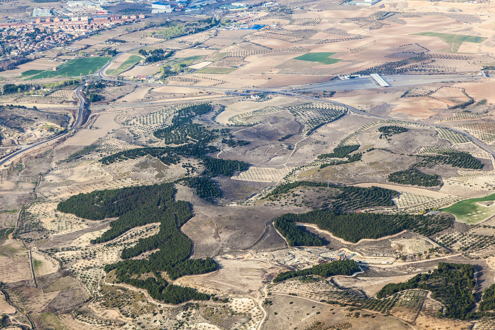 aerial of countryside and fields around madrid