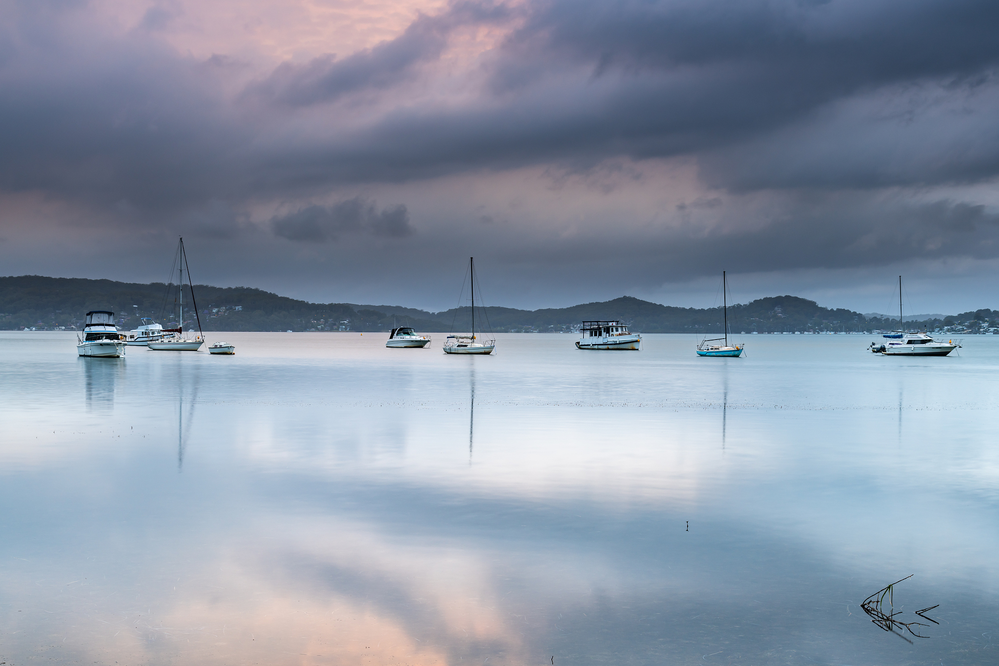 clouds, boats and reflections - bay waterscape