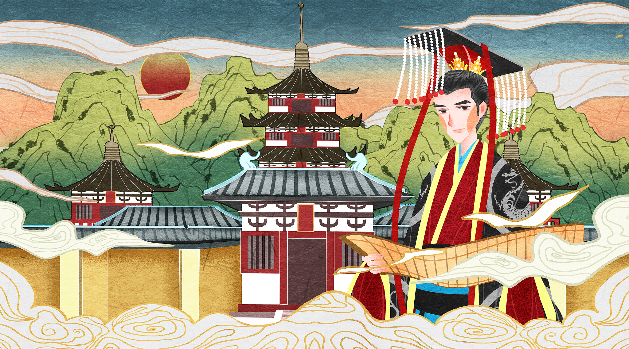 <strong>汉朝</strong>,插画,中国,国潮风,竹简,衣服,建筑,男性,一个人,可爱的