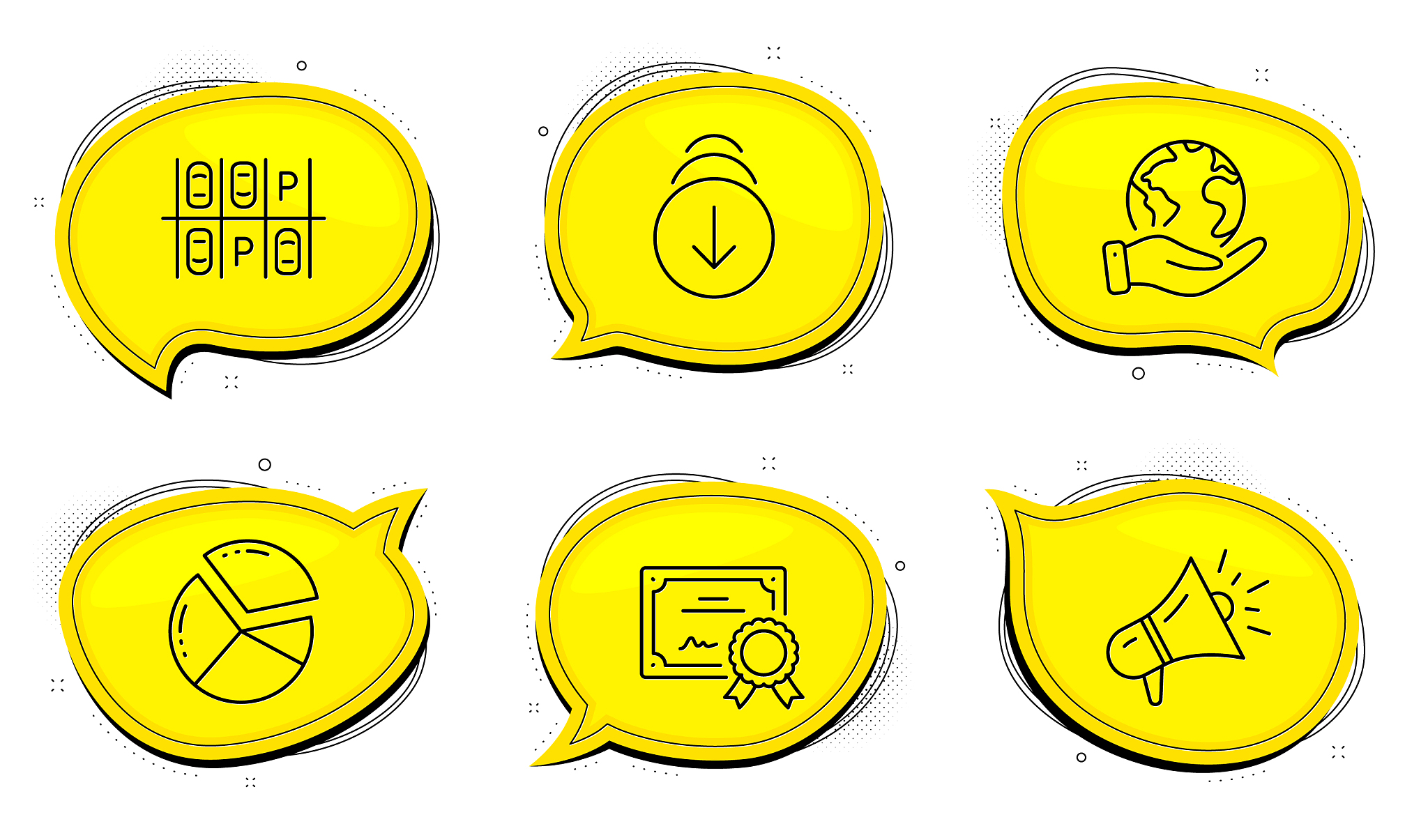 scroll down megaphone and parking place icons set