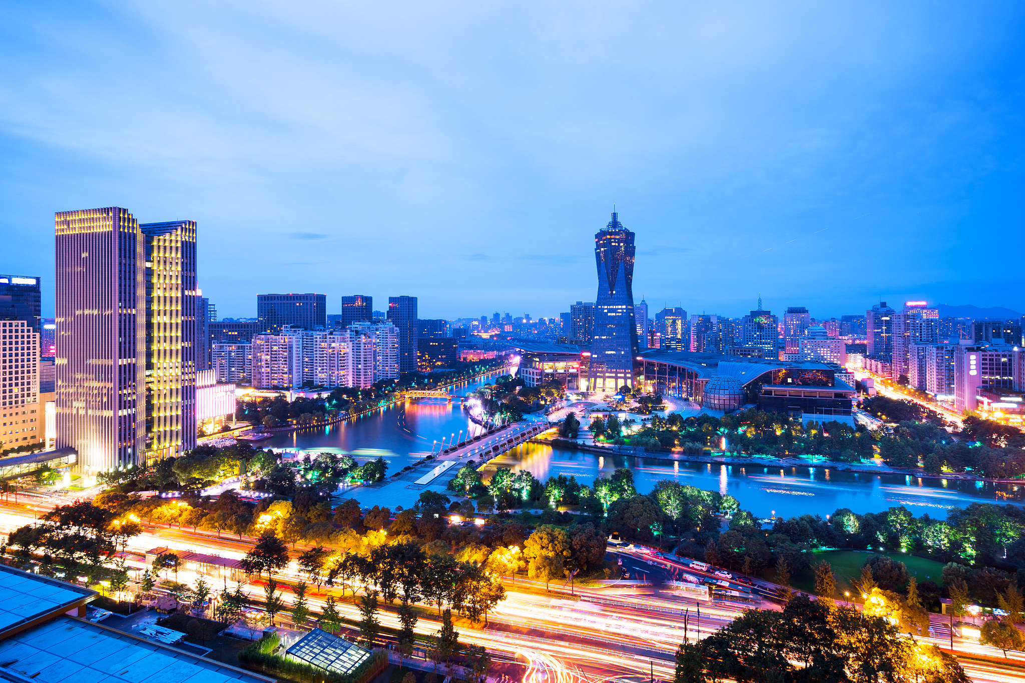 modern buildings in hangzhou at night
