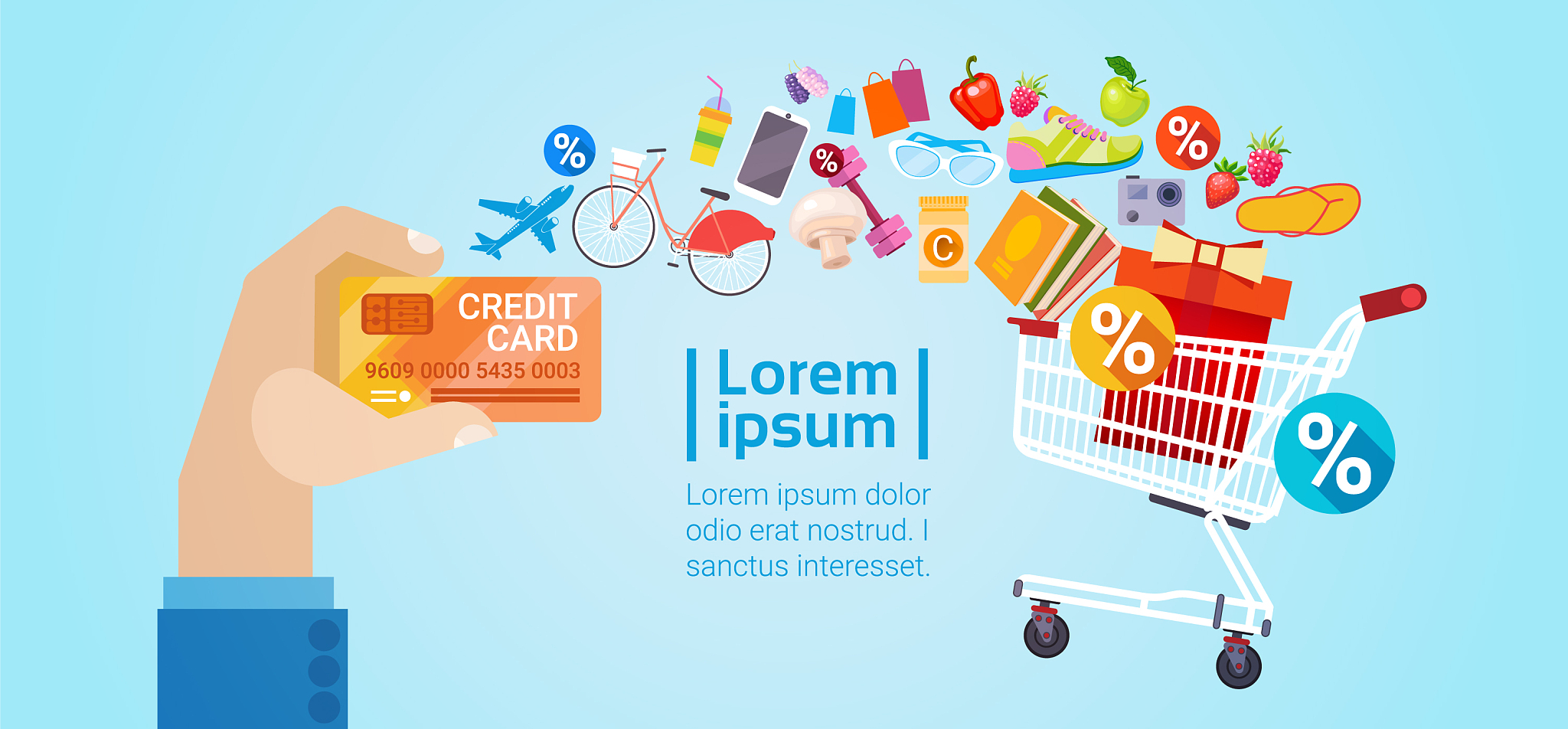 hands holding credit card discount tag sale online