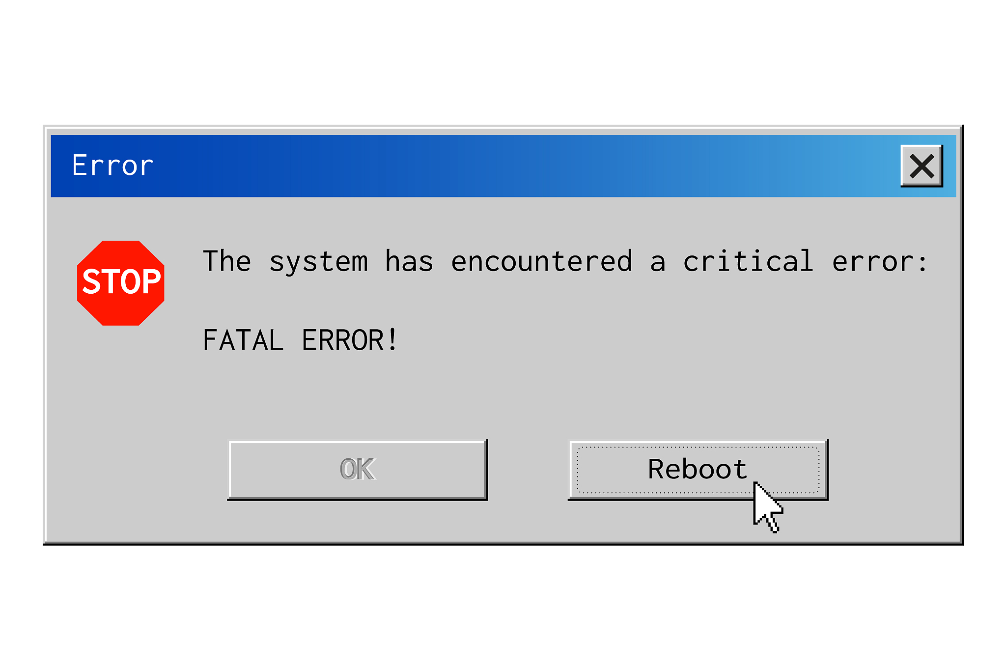 fatal error dialog box. system failure message in retro style.