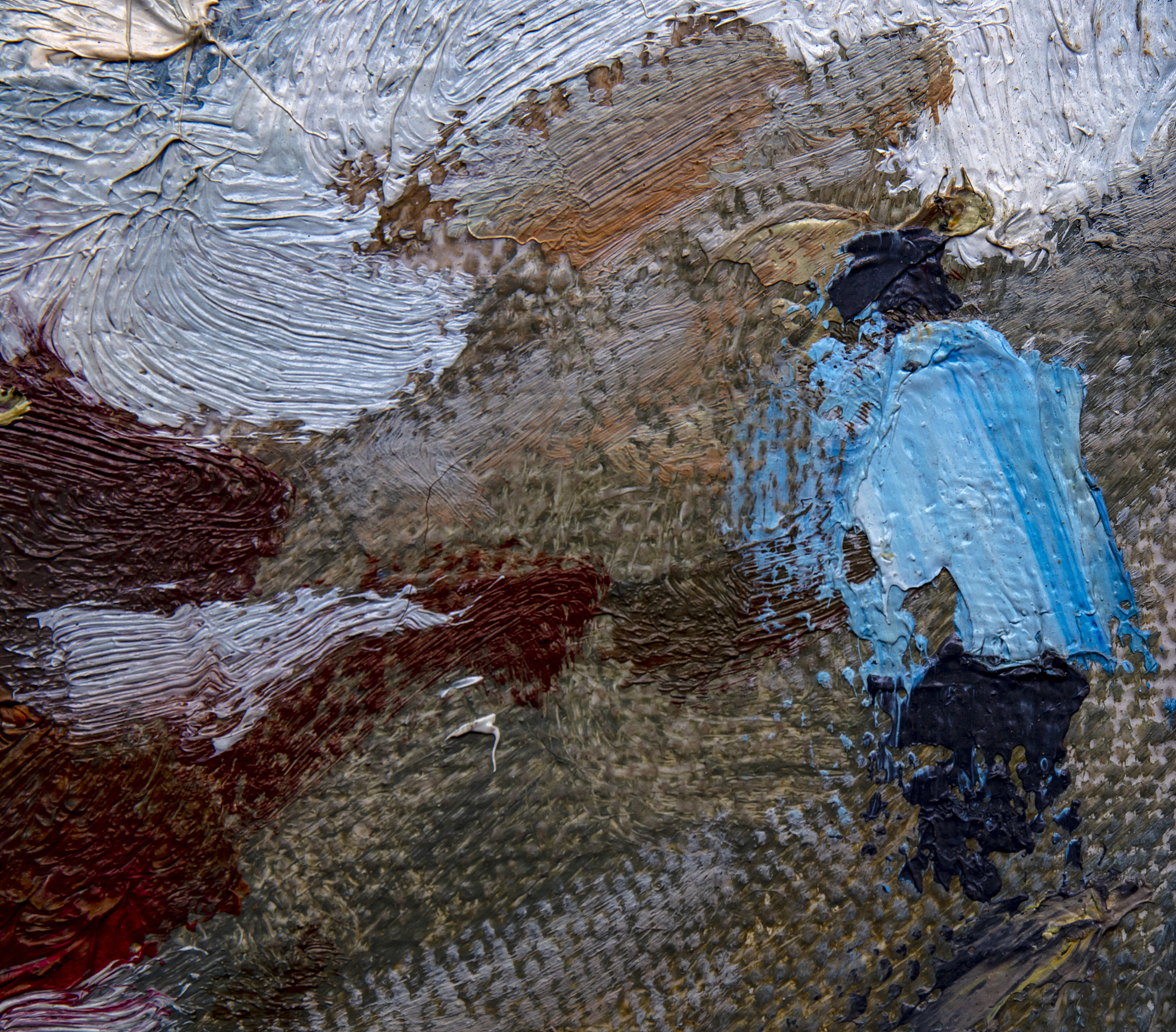 翻译：在此处所探讨的肌理是指通过各种画面塑造而形成表面凹凸涟漪、横纵响应、或细腻或粗糙的视触觉上的纹理变化。肌理已成为当代绘画中不可或缺的重要的语言和技法呈现它包括自然肌理、人工肌理、复合肌理。由于绘画技术的革新与新型丰富绘画材料的使用肌理语言越来越受到人们的重视。自然间的千态万状一旦融入画家的主观感情便会被各种艺术方式极致的展现出来天地自然之间的原始肌理效果也变成艺术家眼中的原始之美。在重彩山水