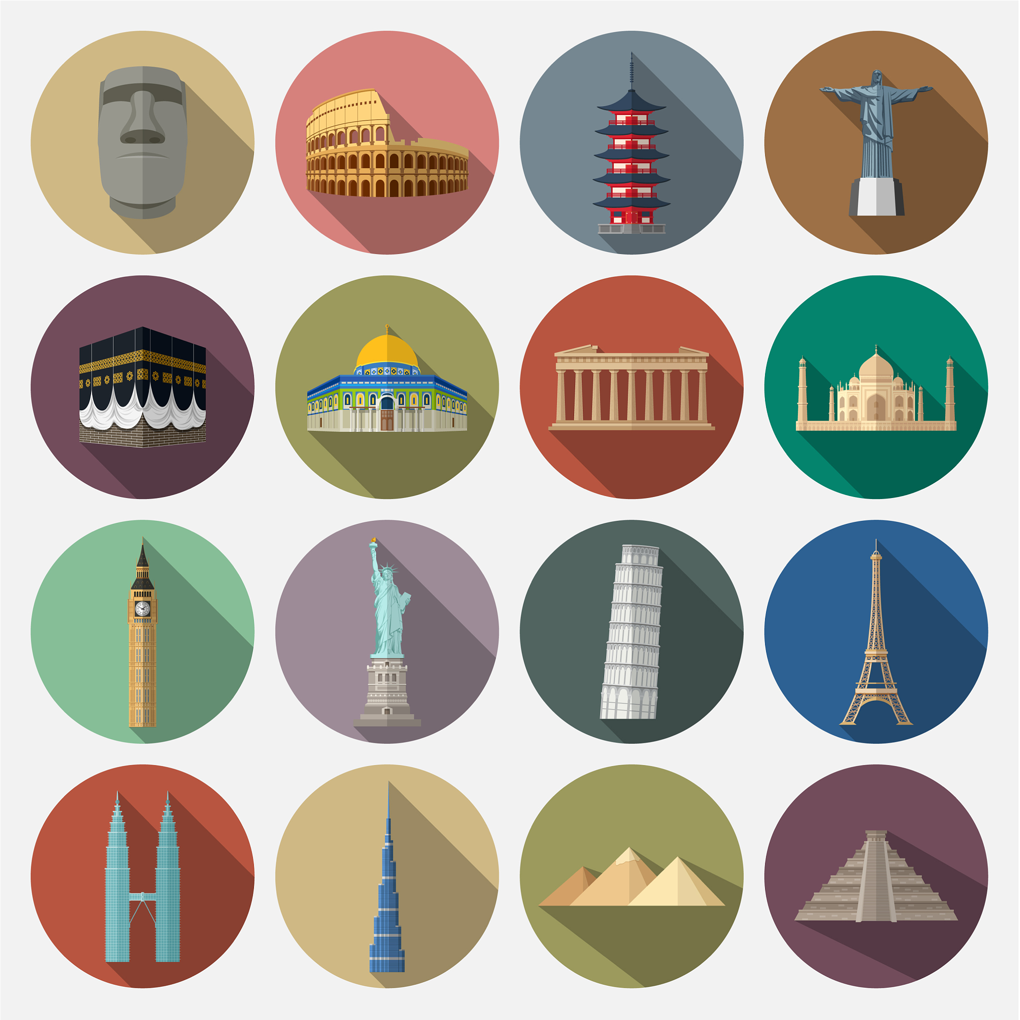 travel landmarks icon set