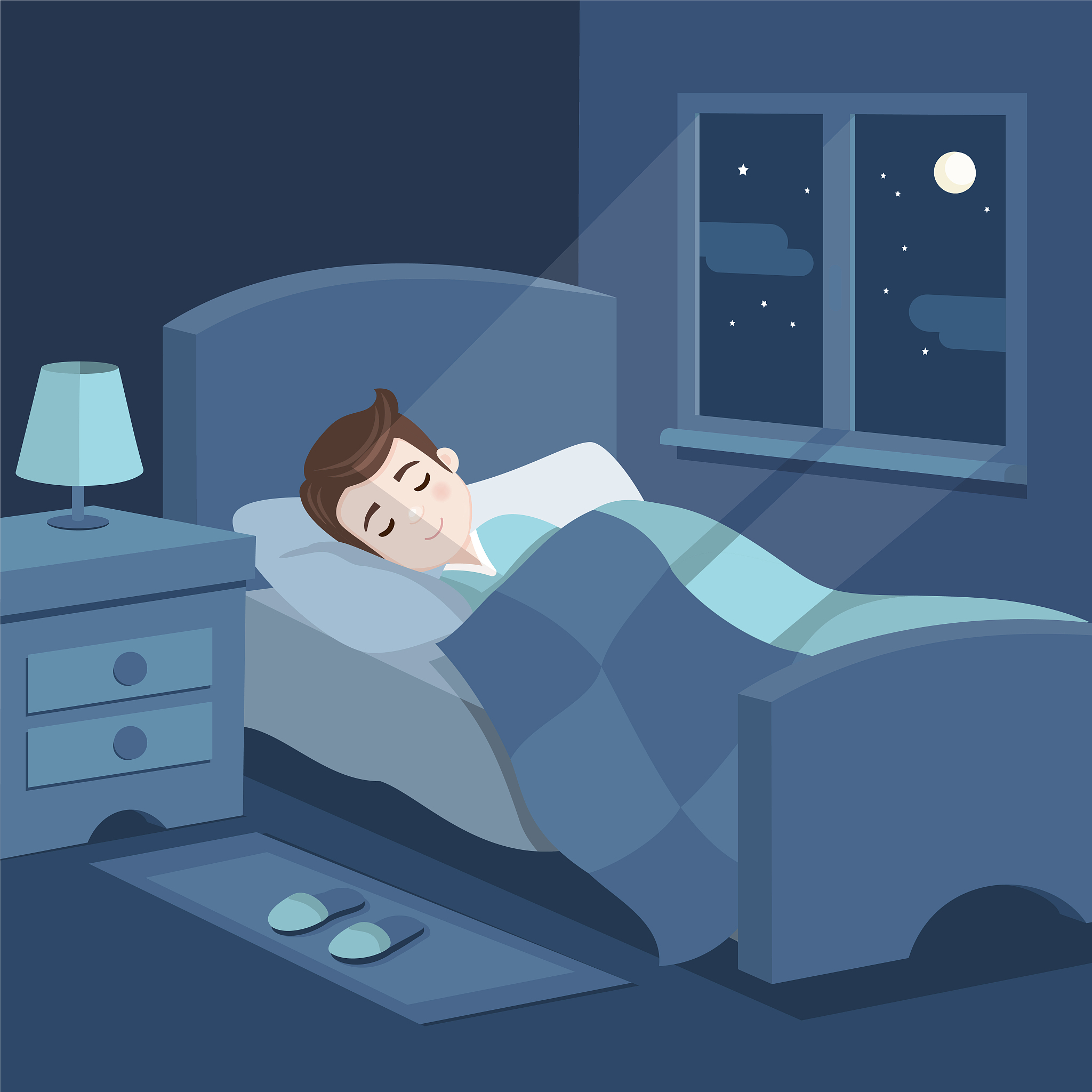 boy sleeping in bed. bedroom with a window at night. sweet dream