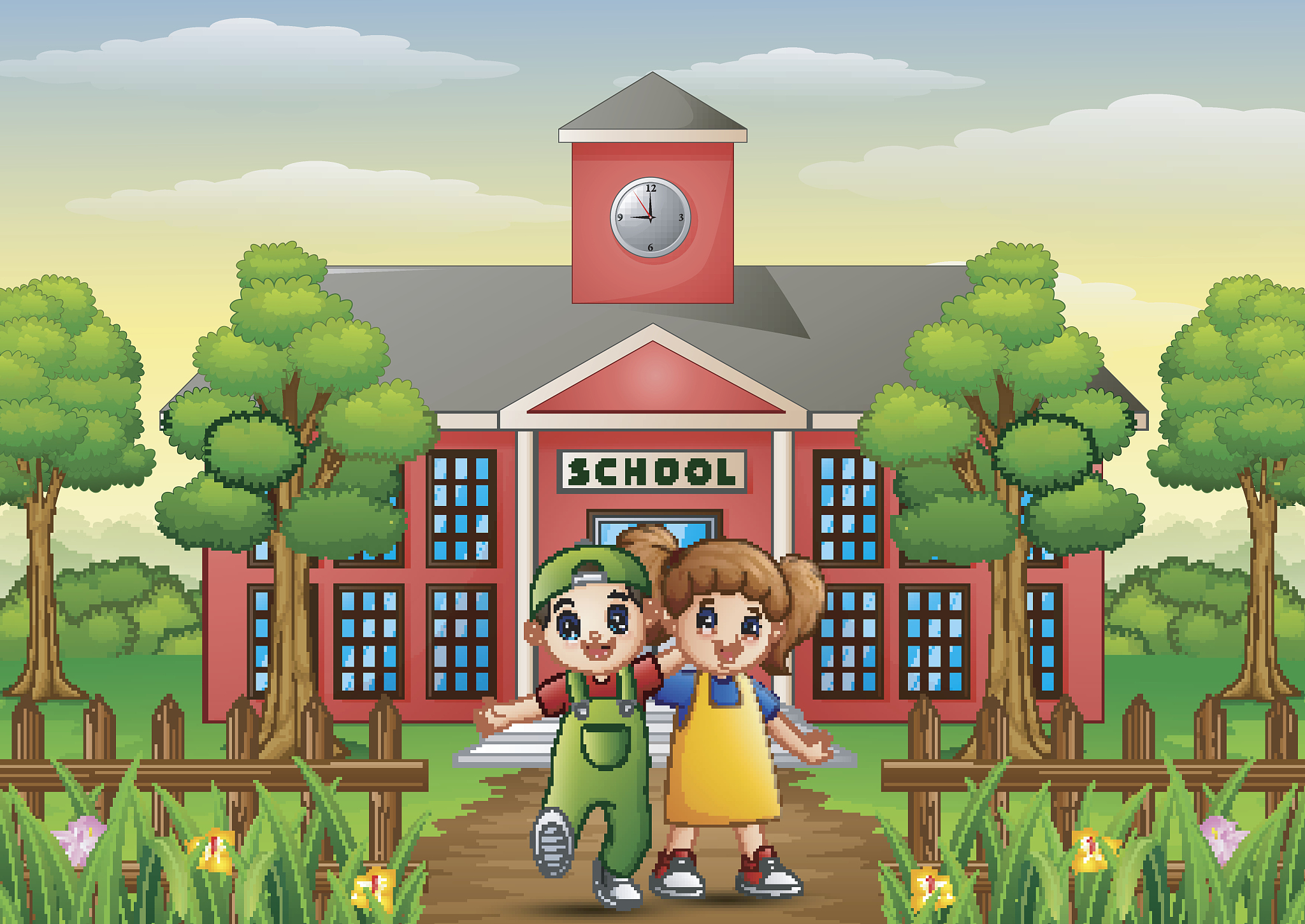 happy school children standing in front of school building
