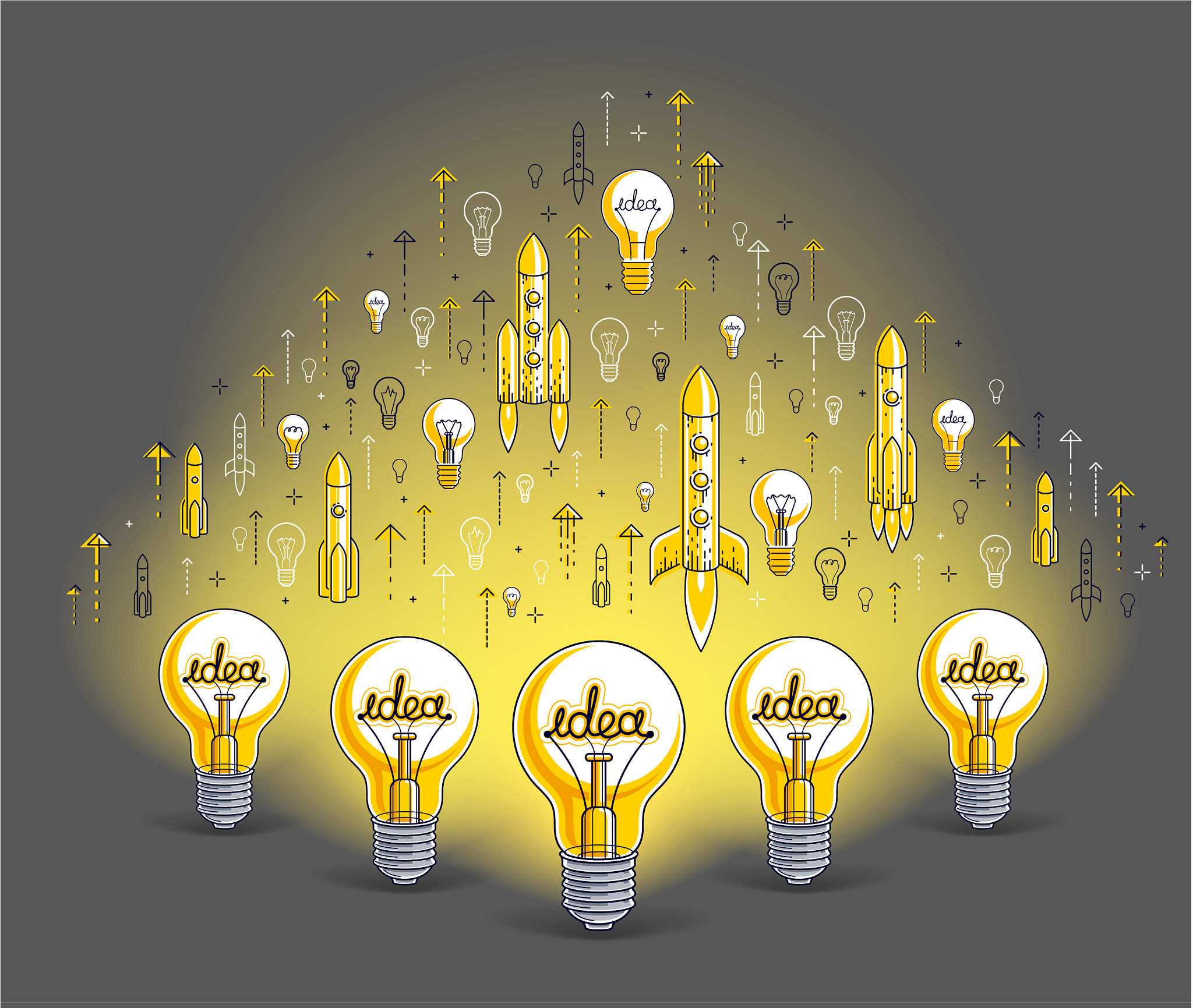 group shining light bulbs and set icons