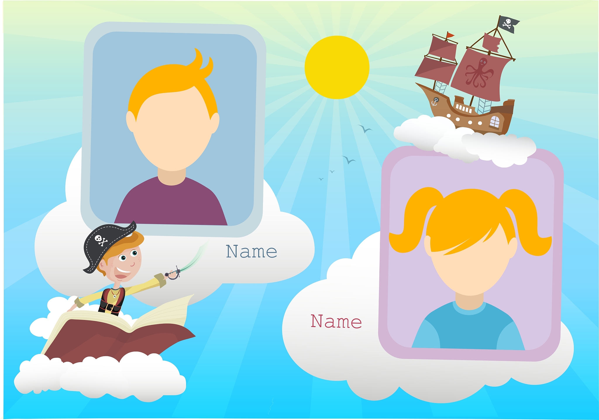 yearbook about boy pirate and clouds with two kids