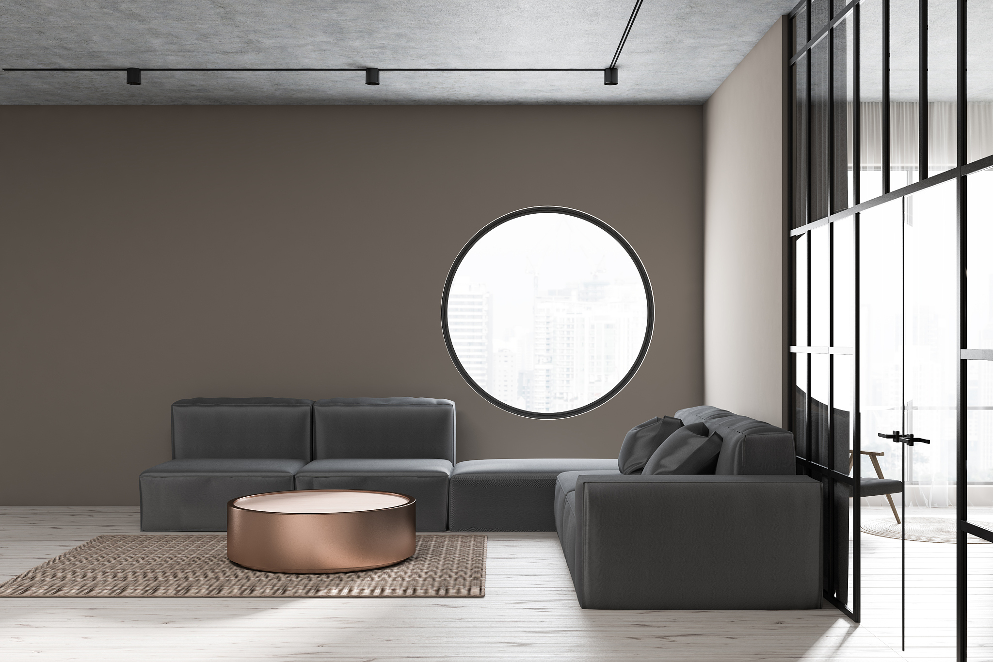round window living room, gray sofa