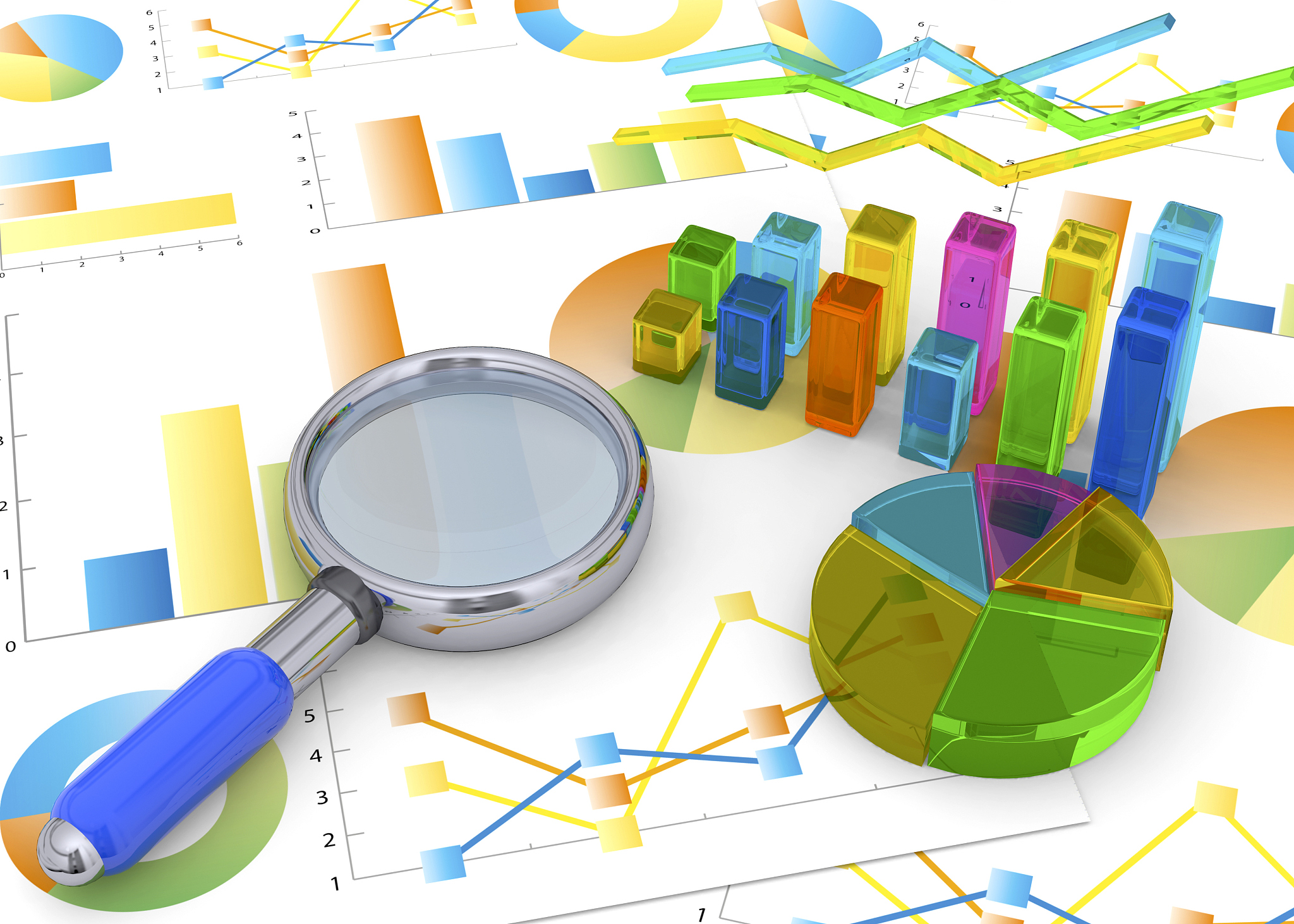 graph, diagram and magnifier - 3d