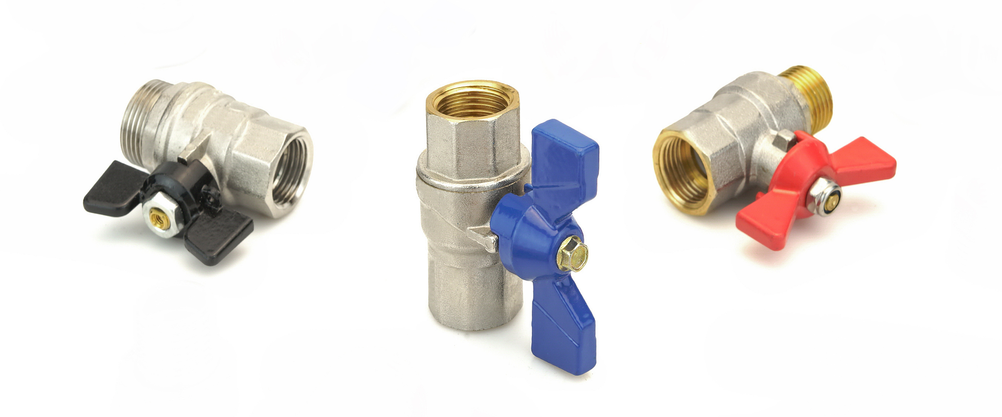 three chrome plated brass ball valve isolated on white backgroun
