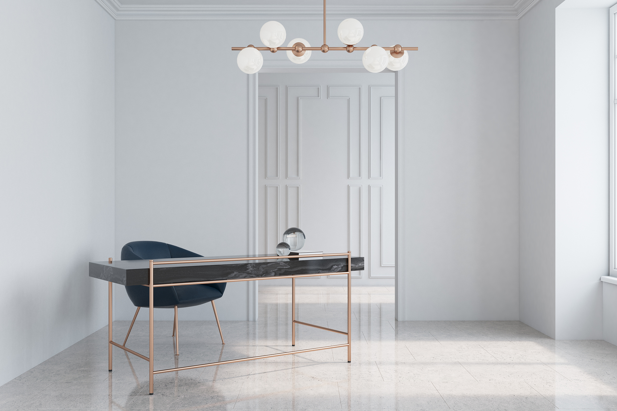 white home office, dark blue armchair