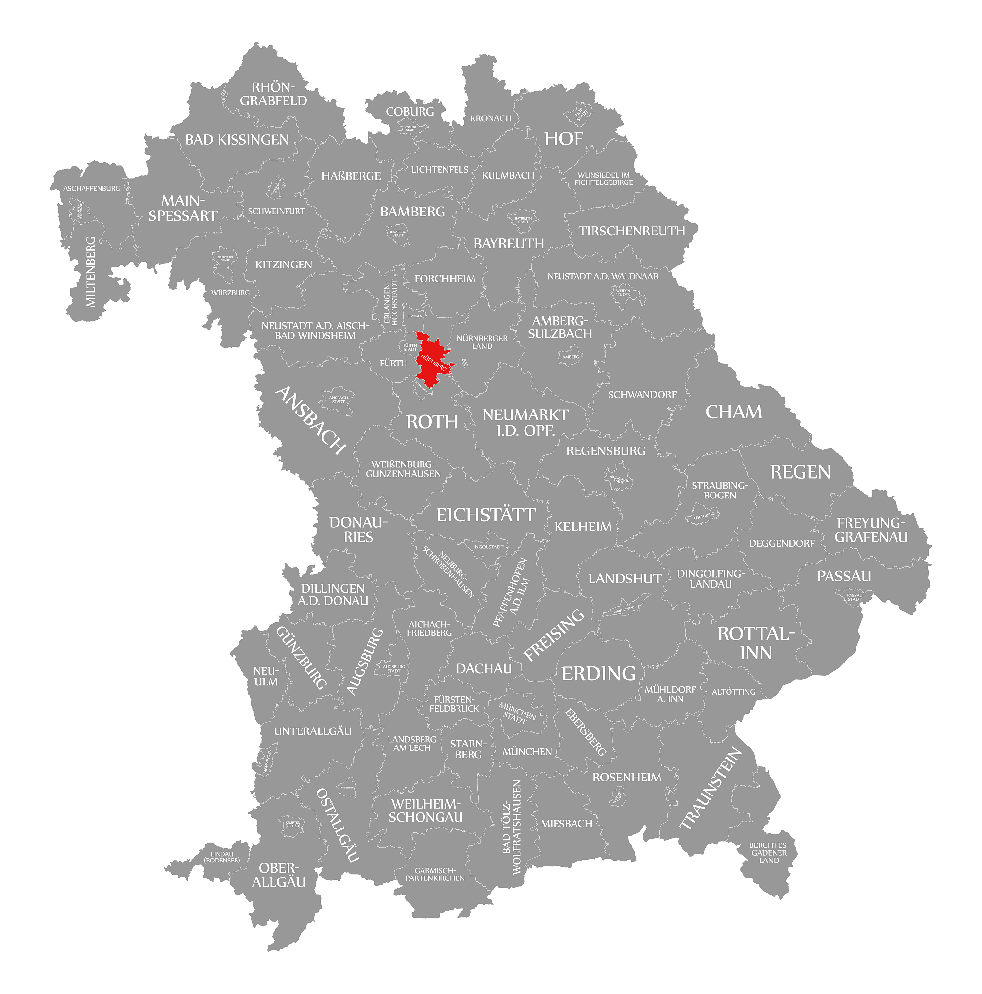 nuremberg city red highlighted in map of bavaria germany