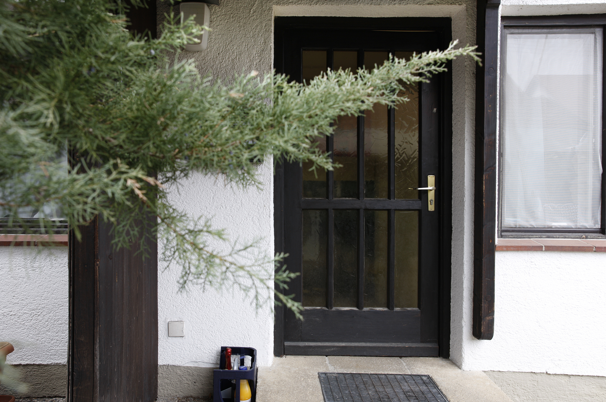brown front door one third glass window