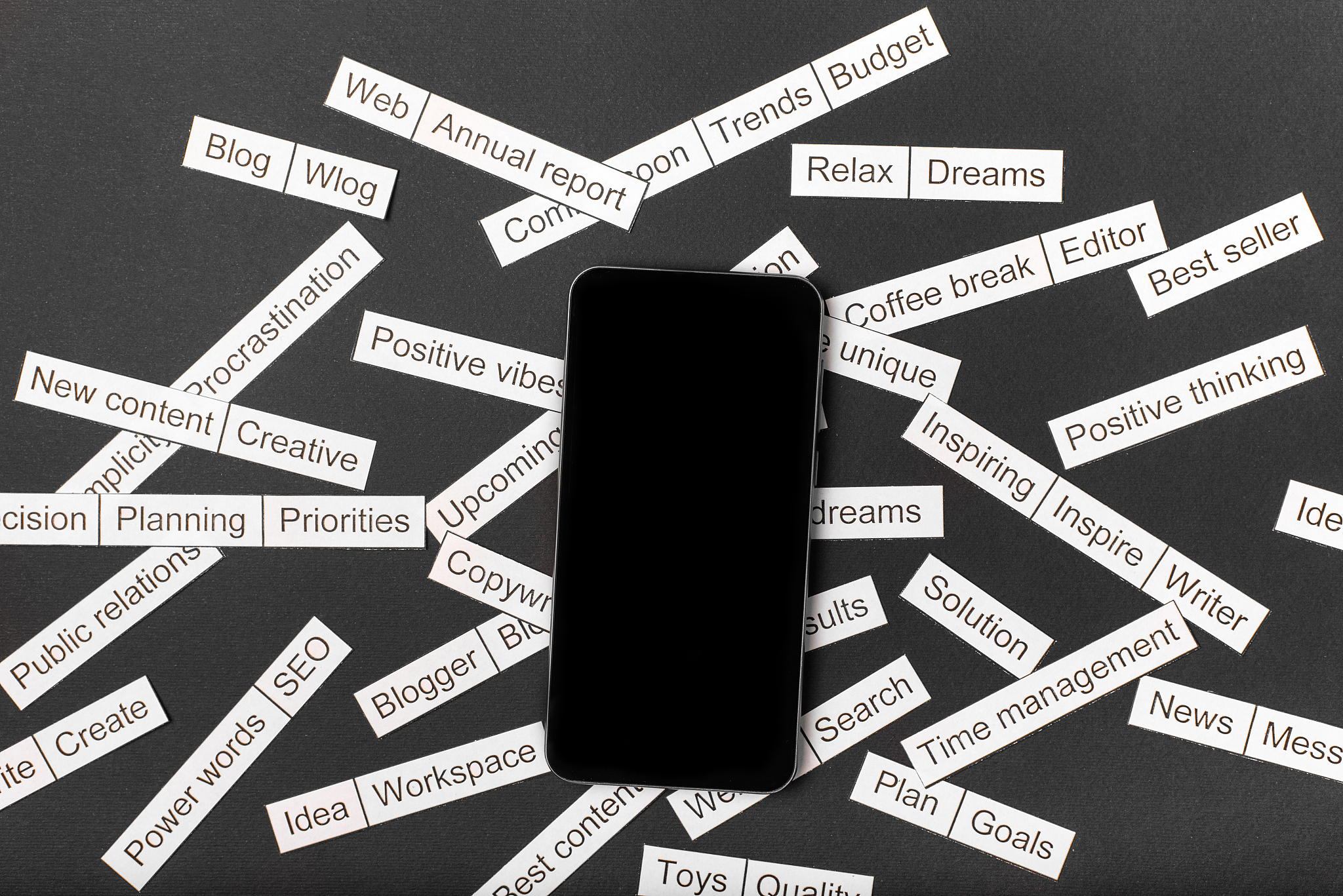 smartphone surrounded by a cloud of words on business themes cut