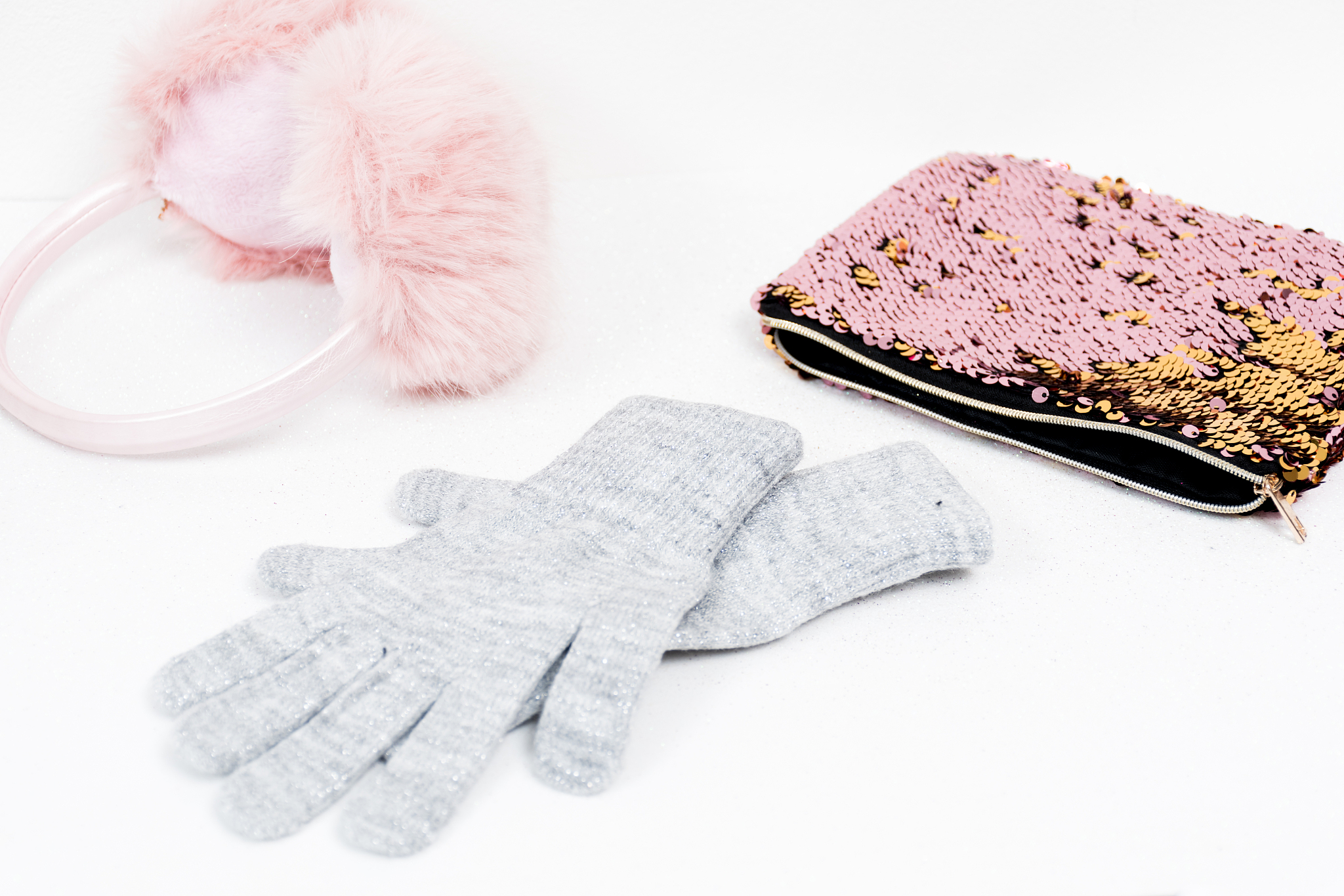 young girl winter fashion accessories isolated on glittering whi