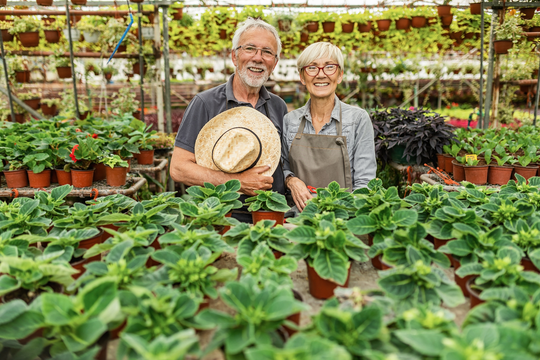 portrait oh happy senior greenhouse owners.