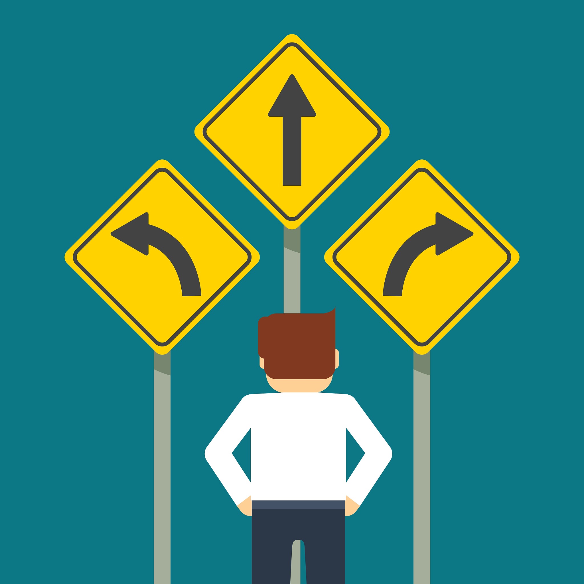 businessman standing in front of three arrows
