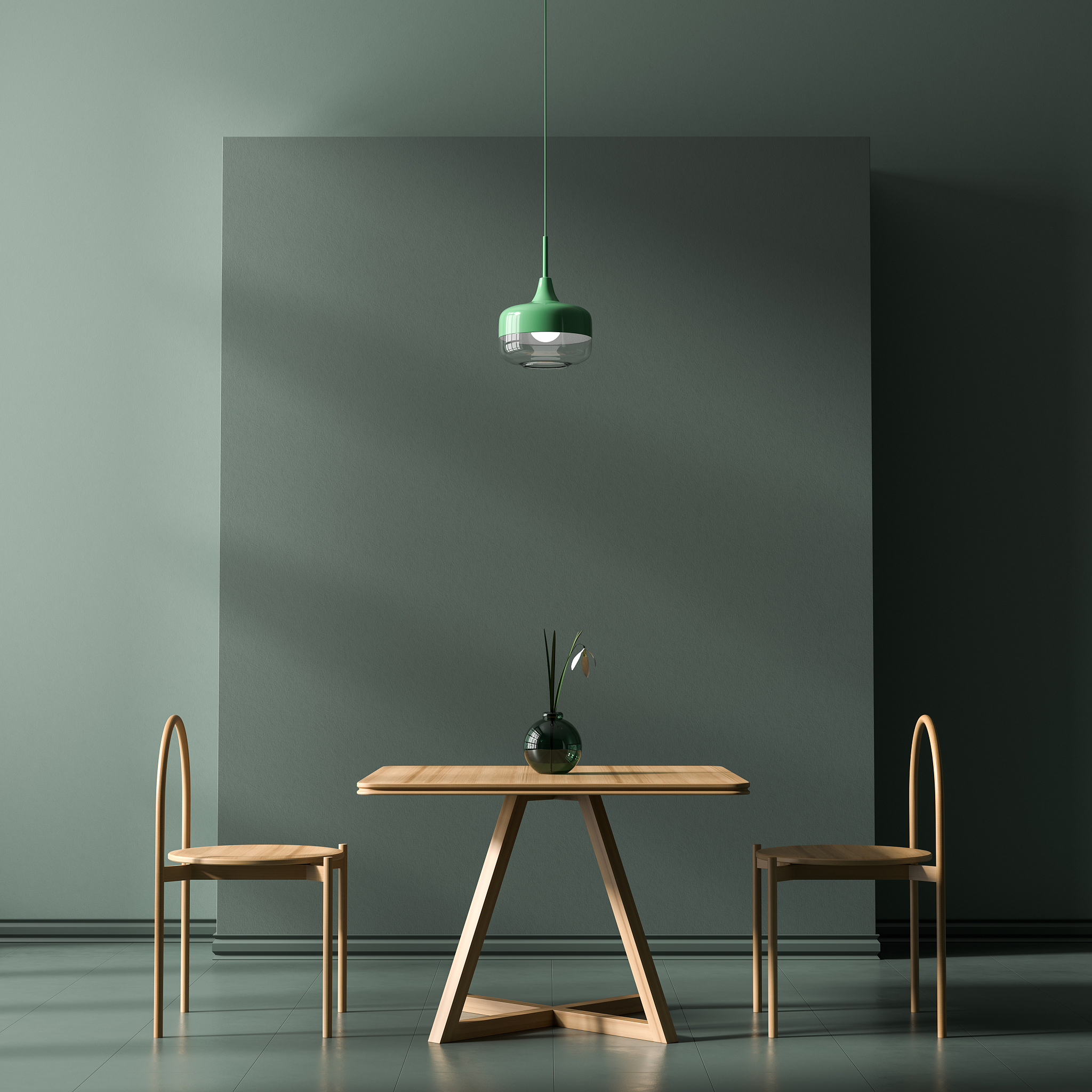 scandinavian style dining room with wooden chair and table.  min