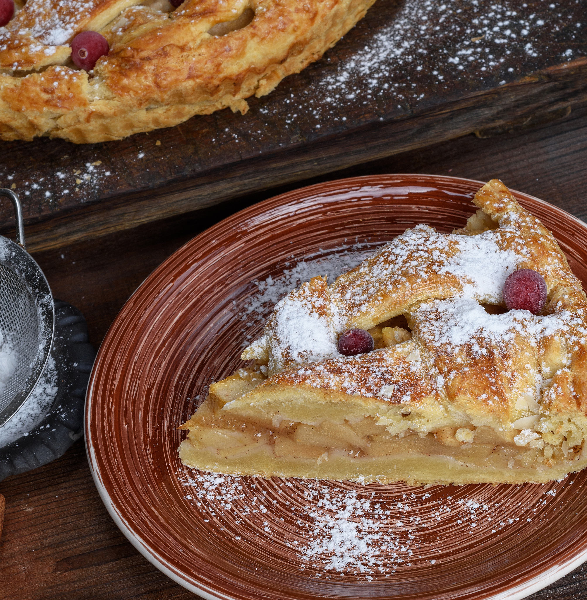 high angle view of apple pie slice in plate