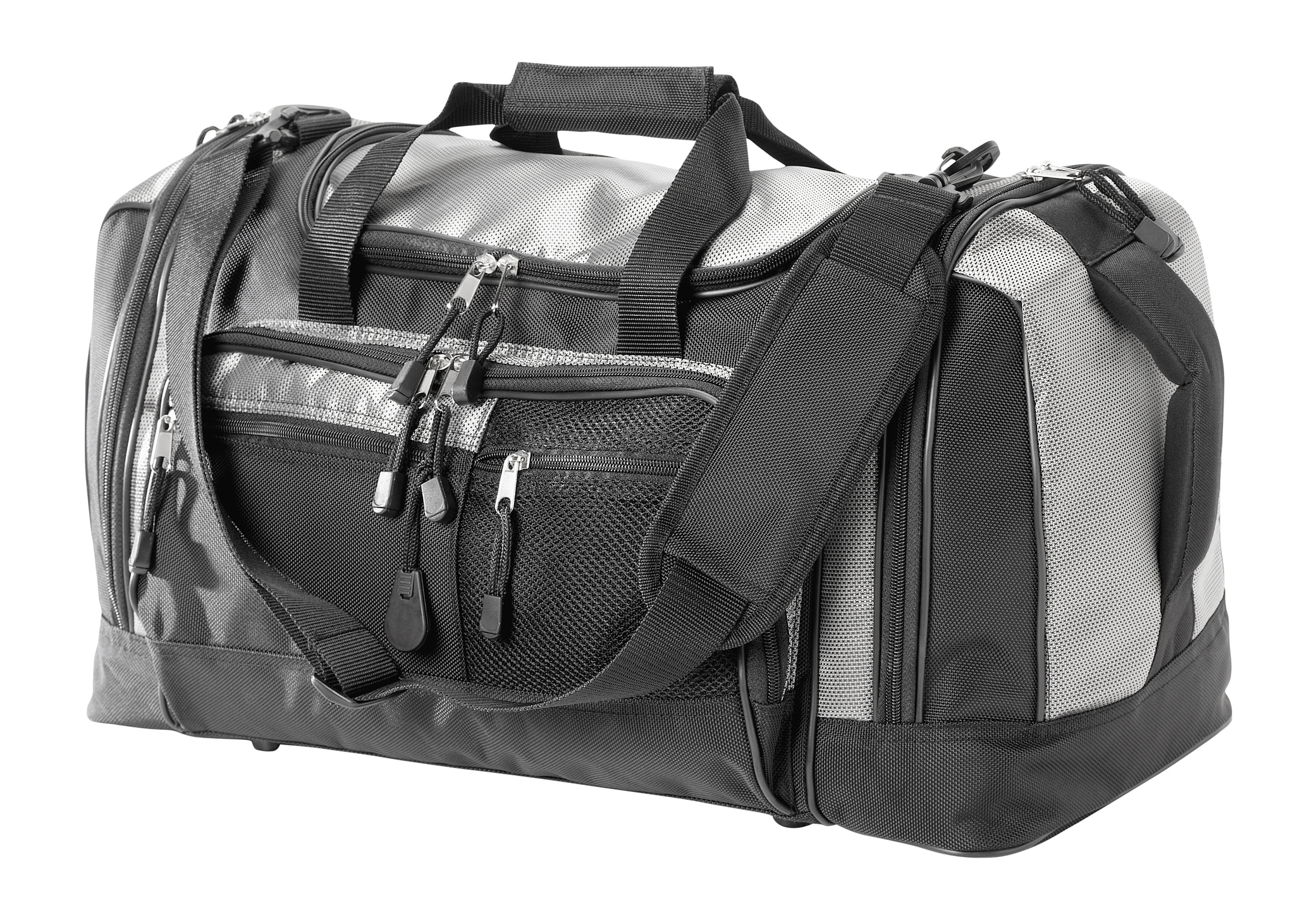 black and grey duffel bag