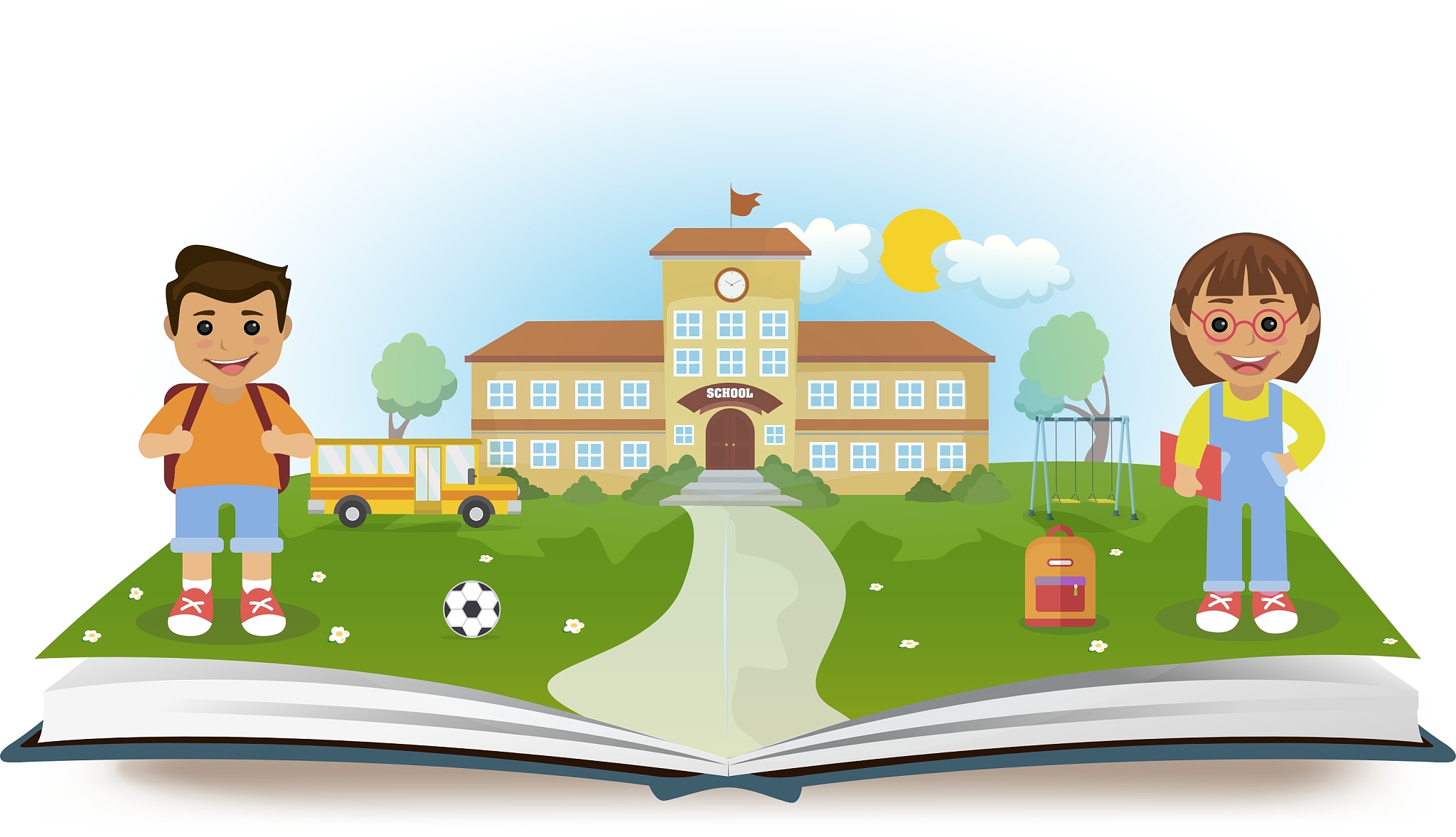 opened book with school and two children